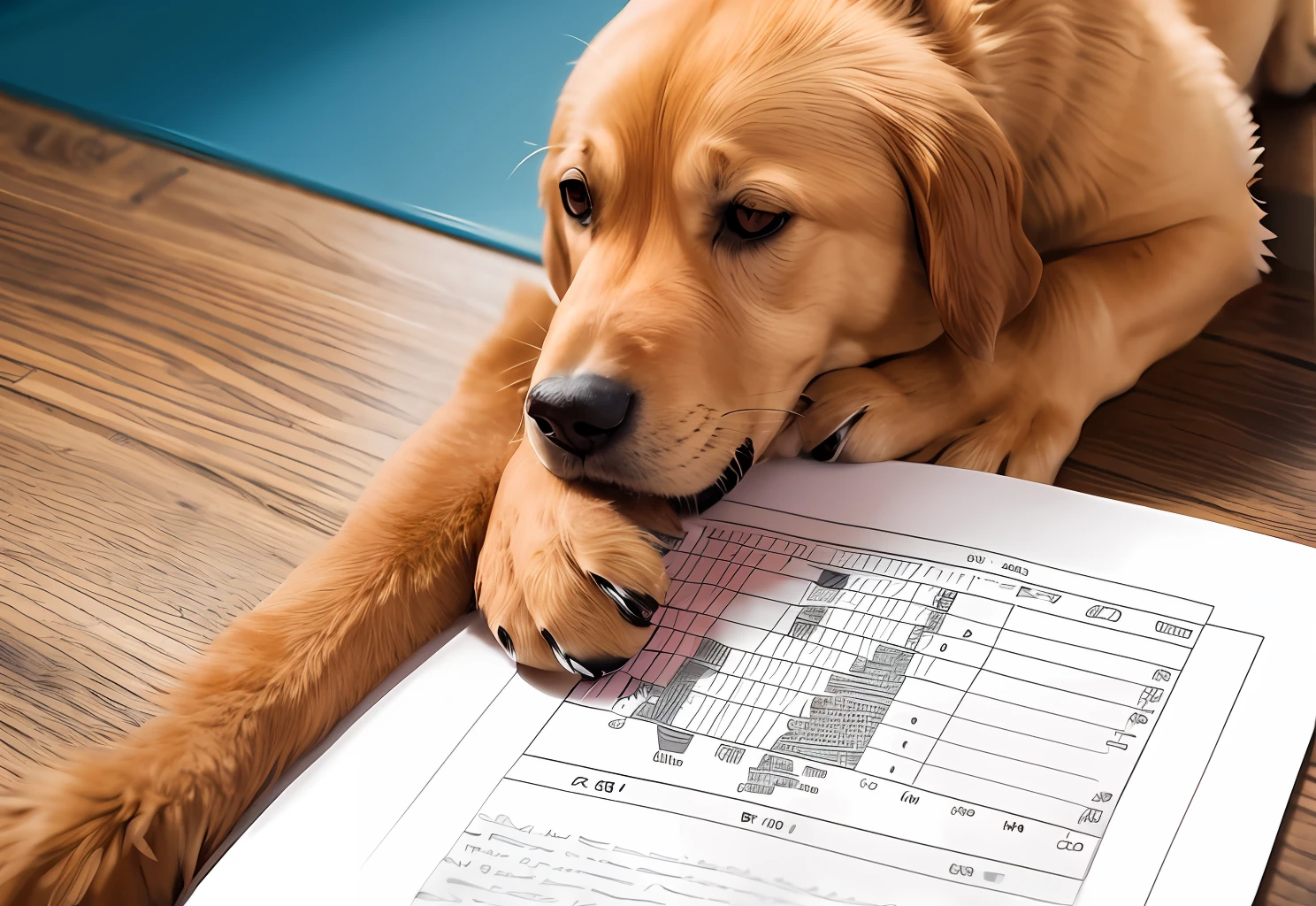 Pintcher dog holding a pen and looking at a normal Gausian distribution