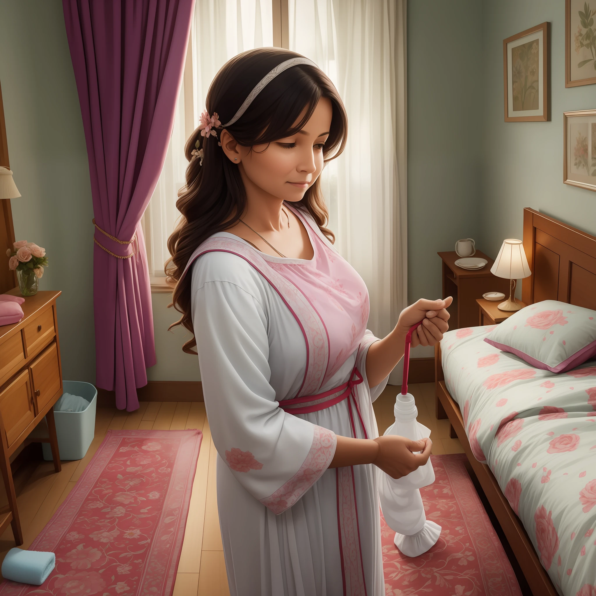 A mother wakes up in the morning earlier than her children, standing by the bed and cleaning the bed, this mother wears a daster with floral patterns