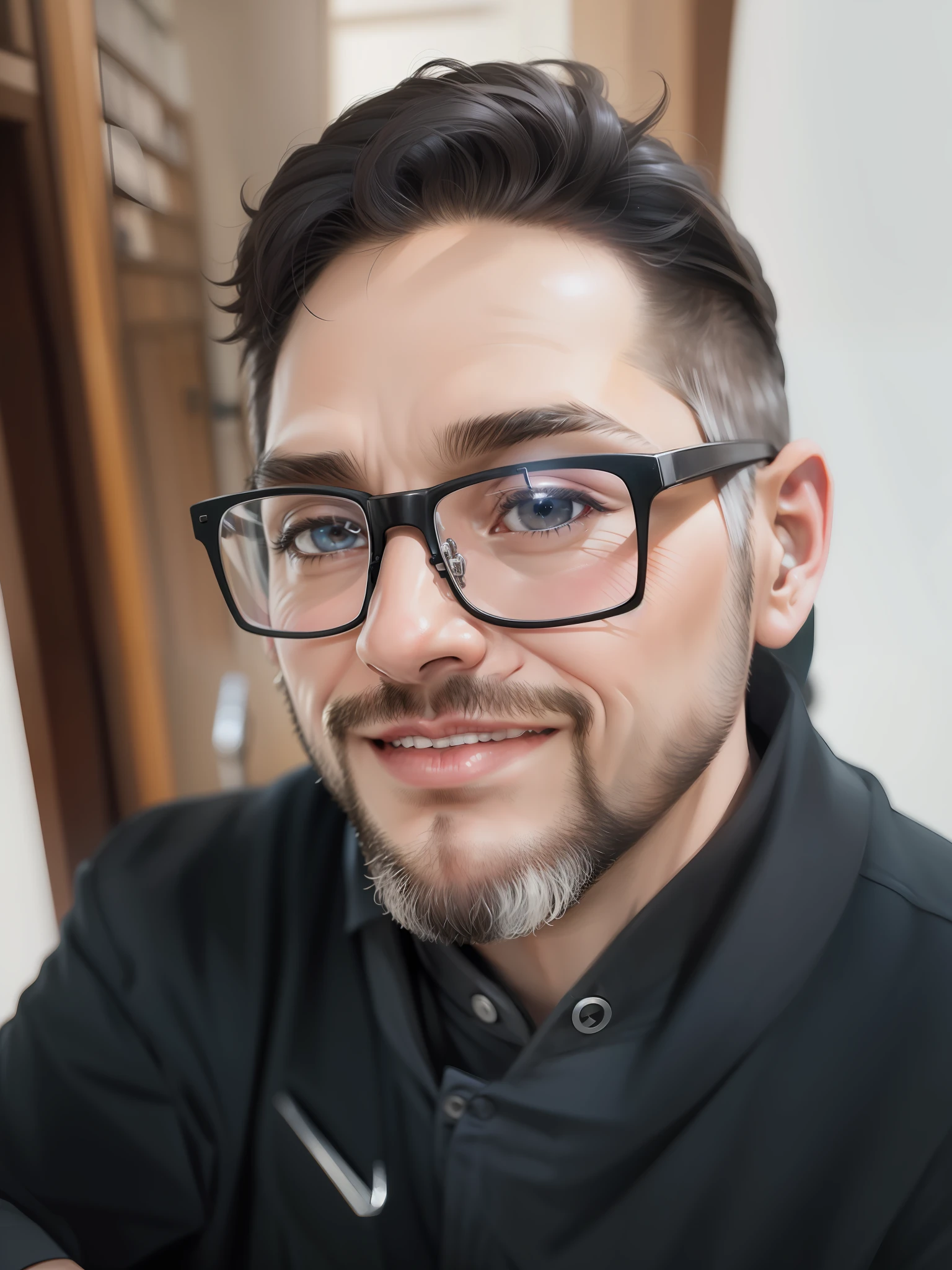 A 30-year-old man, black eyes, wearing glasses and wearing a black motet.