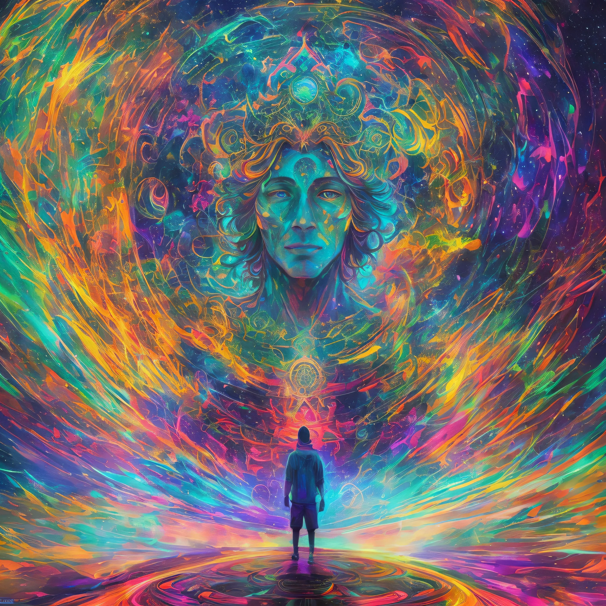 a man, universe background, cosmos, DMT, sacred, psychedelic, psychedelic design, Aura, becoming spiritual, 8k, artstation