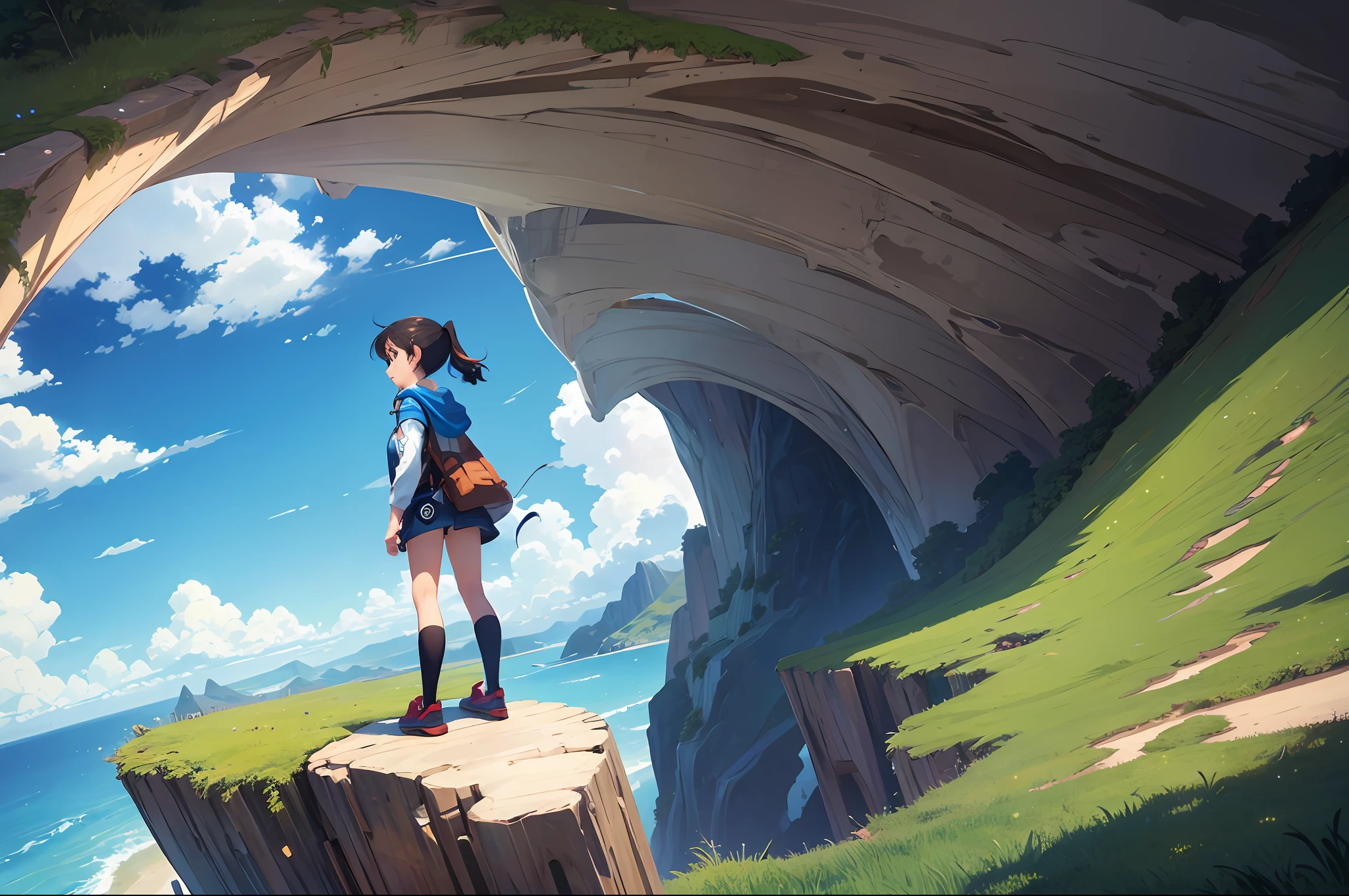 illistration of a yourg pixar girl looking over the edge of the earth --auto --s2