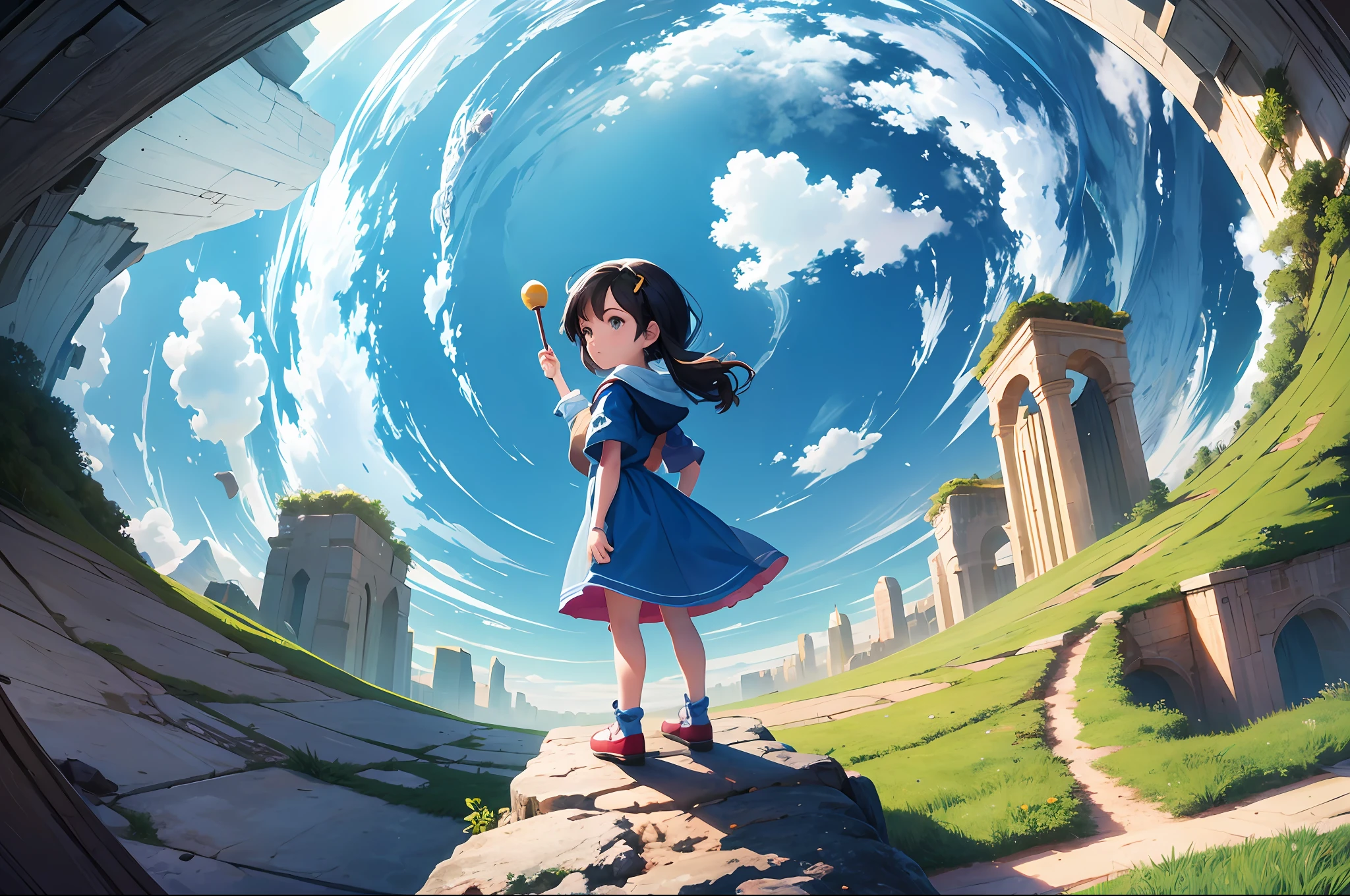 illistration of a yourg pixar girl looking over the edge of the earth --auto --s2