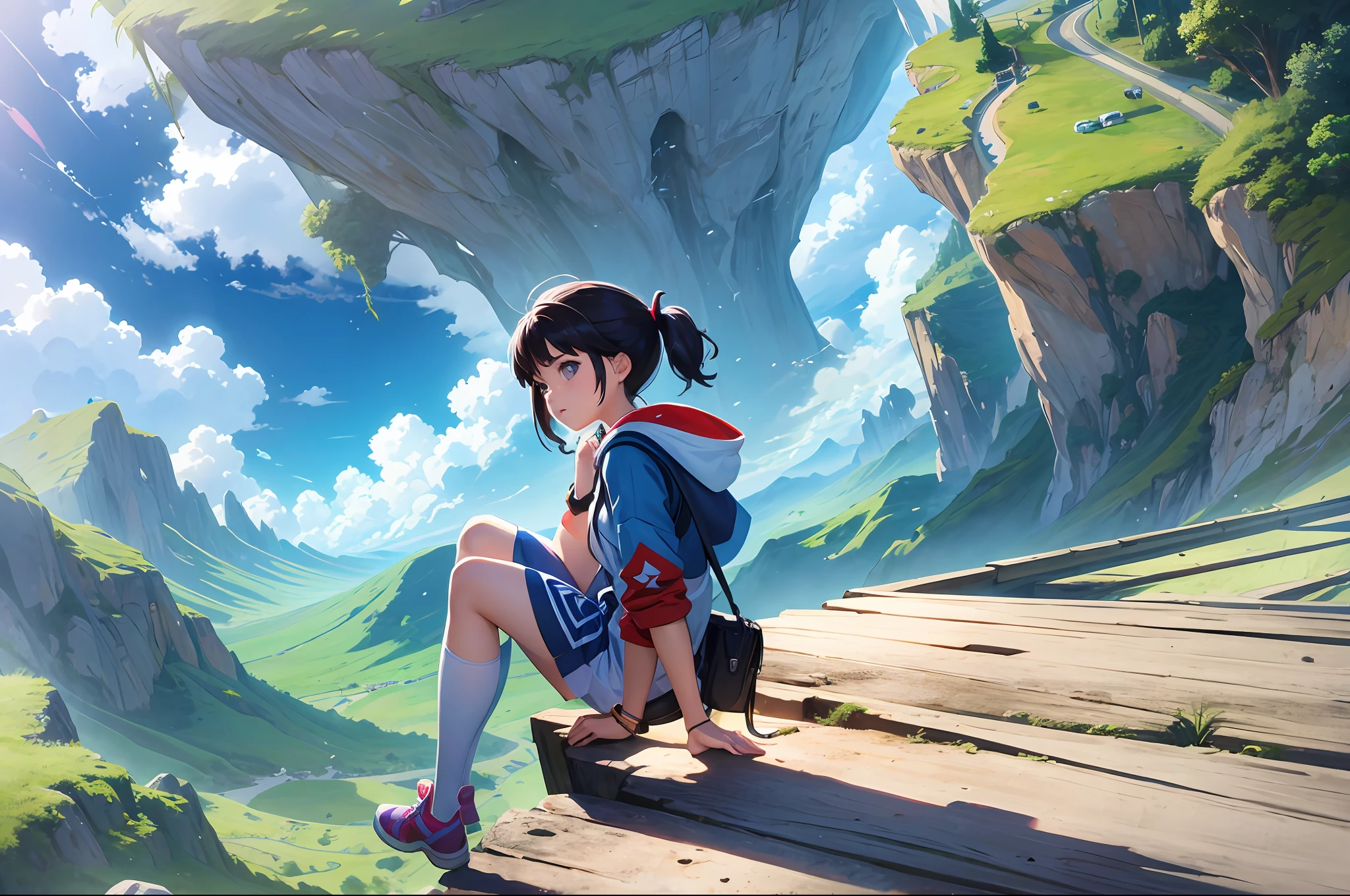 illistration of a yourg pixar girl looking over the edge of the earth --auto --s2