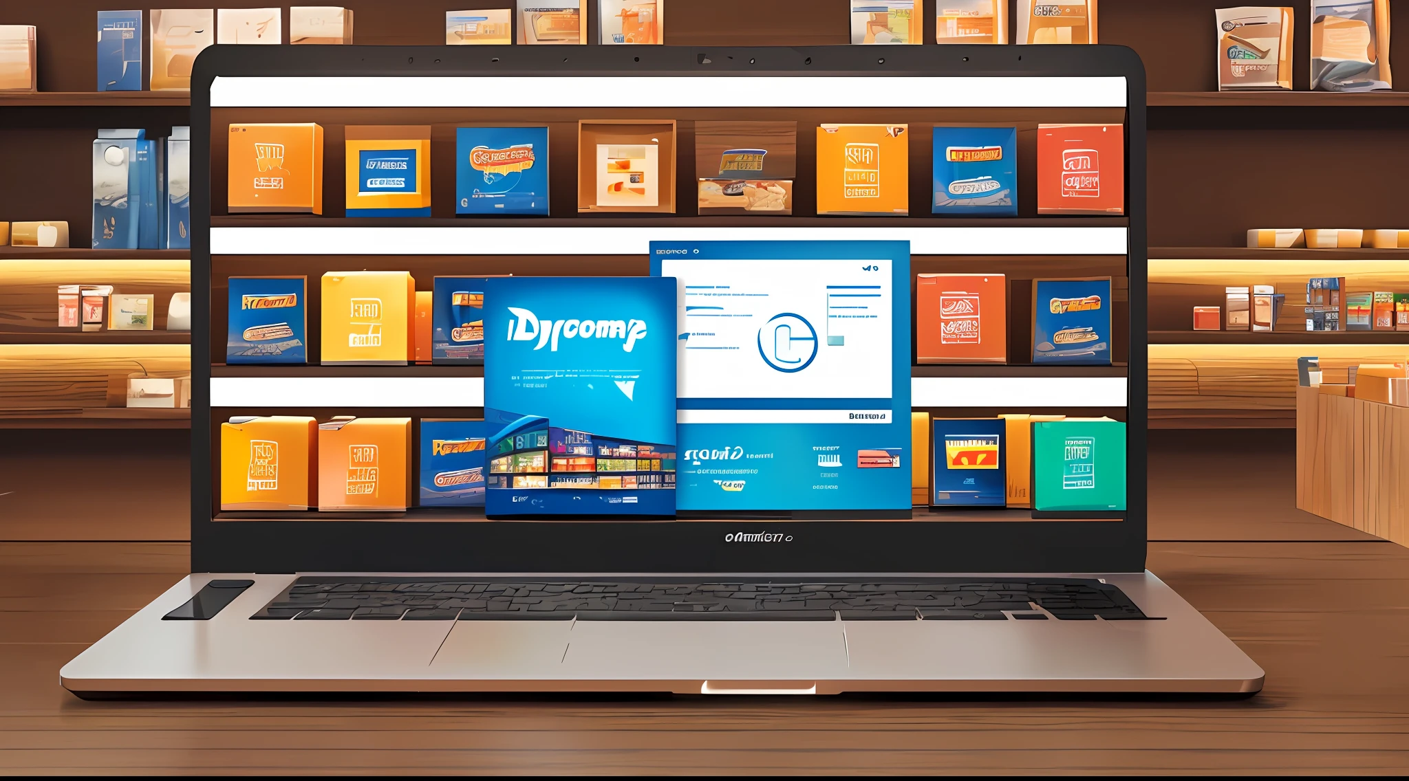(Ultra-realistic depiction of a store with shelves of products:1.1), (seamless integration of physical and online commerce),(dynamically changing display on a laptop screen),(brown wooden shelves),(modern laptop),(dynamic movements:0.8),(glowing, vibrant and beautiful colors:1.2),(perfect depth), (dimensional atmosphere),(embedding tags). --auto --s2