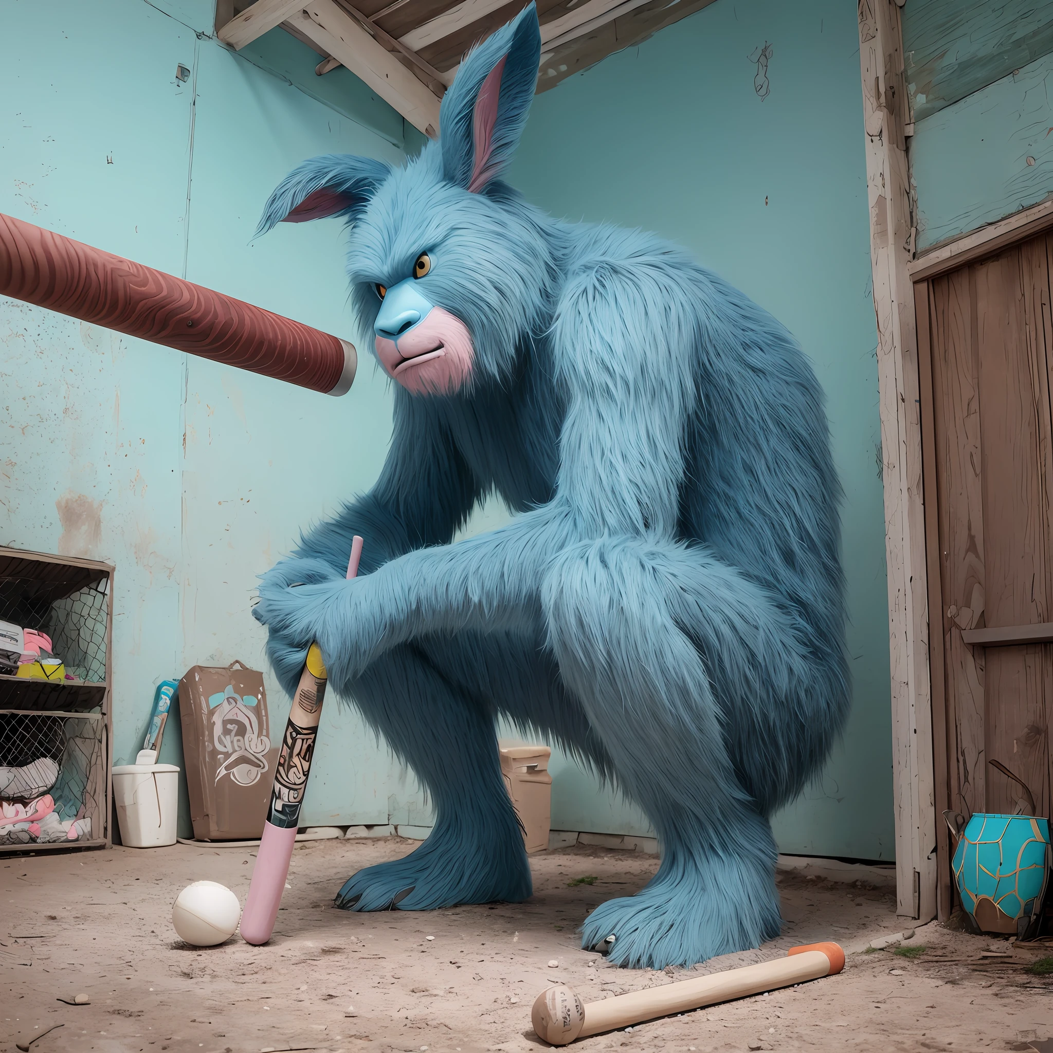 create an ultra realistic skinny creepy cyan Sasquatch with rabbit appearance, holding a baseball bat, 3 feet tall rabbit ears crouched in a garage with a baseball bat in hand and baseballs huddled under your legs in the garage with the background of pink and cyan scenery --auto --s2