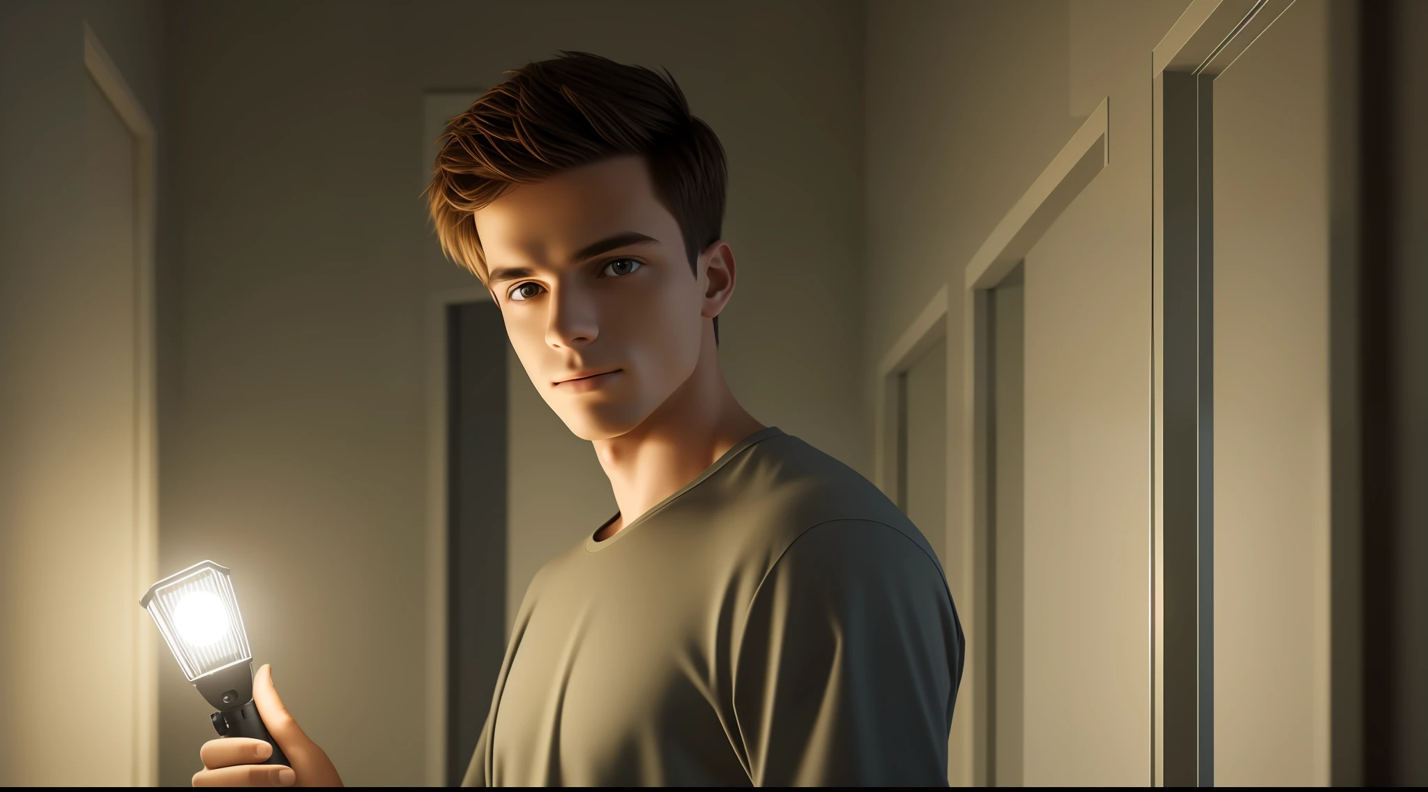 Young man, holding a flashlight in a dark, ultra realistic room --auto --s2