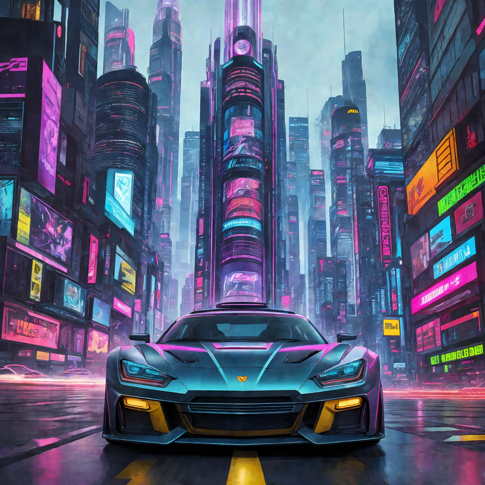 Car with cyberpunk style for t-shirt print, featuring a futuristic cyberpunk car design with vibrant neon colors. The scene depicts an urban cityscape at night, evoking a dark and mysterious atmosphere. The car design is inspired by H.R. Giger's artwork, showcasing intricate details and dynamic lighting. The artwork is created using digital painting techniques, ensuring high-definition quality and a realistic portrayal of the vehicle. The cyberpunk aesthetic is enhanced by the synthetic material used in the car's construction. The color scheme leans towards a pastel palette, adding a unique touch to the overall composition. The artwork is free from any watermark, signature, or low-resolution artifacts, allowing for a clean and visually appealing t-shirt print. The scene is a true masterpiece that captures the essence of cyberpunk on eye level, creating a scenic and captivating design.