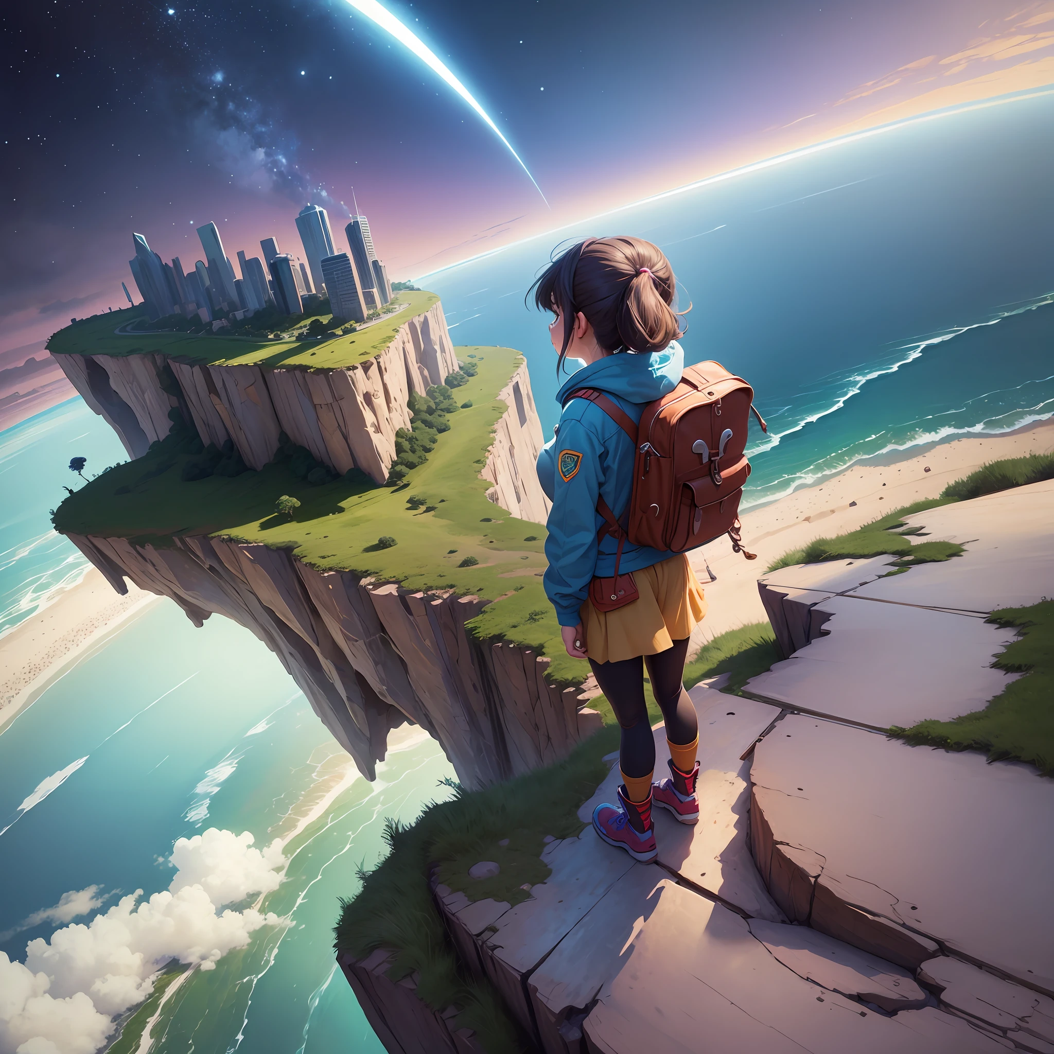 illistration of a yourg pixar girl looking over the edge of the earth --auto --s2
