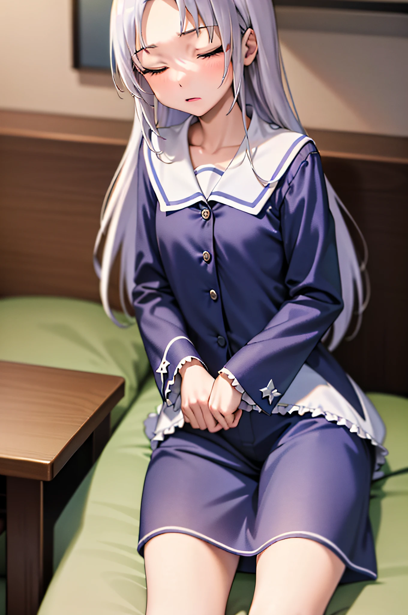 (best quality:1.1), (masterpiece:1.4), (absurdres:1.0), portrait, close-up, 1girl, takayama maria, silver hair, flat chest, blue eyes, long hair, women's pajamas, sleeping, on the bed