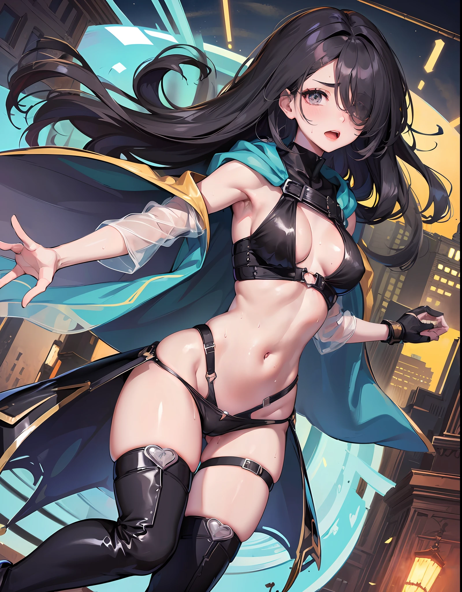 Fantasy,1 girl, belt, blue_eye, blush, big_, cloak, hood, black_medium_hair, ((((long_bangs,hair_over_one_eye)))++, black_see-through_bodysuit, harness, navel,open_mouth, public,in_fantasy_city_ background,sweat, armpits, thighs, boots, groin, sweat,_juice, dynamic_pose_jumping, dynamic_angle, covered_, covered_nipples, happy,sleepy,confused,