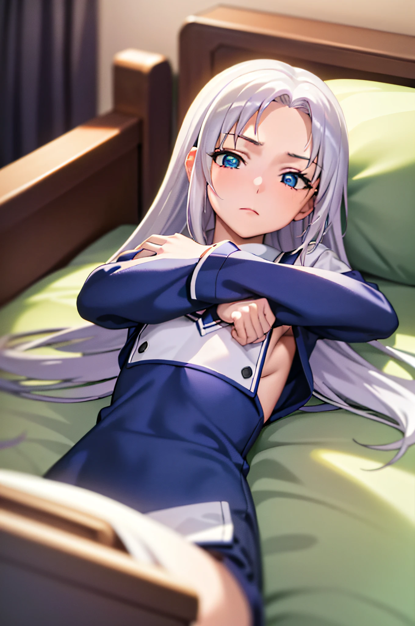 (best quality:1.1), (masterpiece:1.4), (absurdres:1.0), portrait, close-up, 1girl, takayama maria, silver hair, flat chest, blue eyes, long hair, women's pajamas, sleeping, on the bed