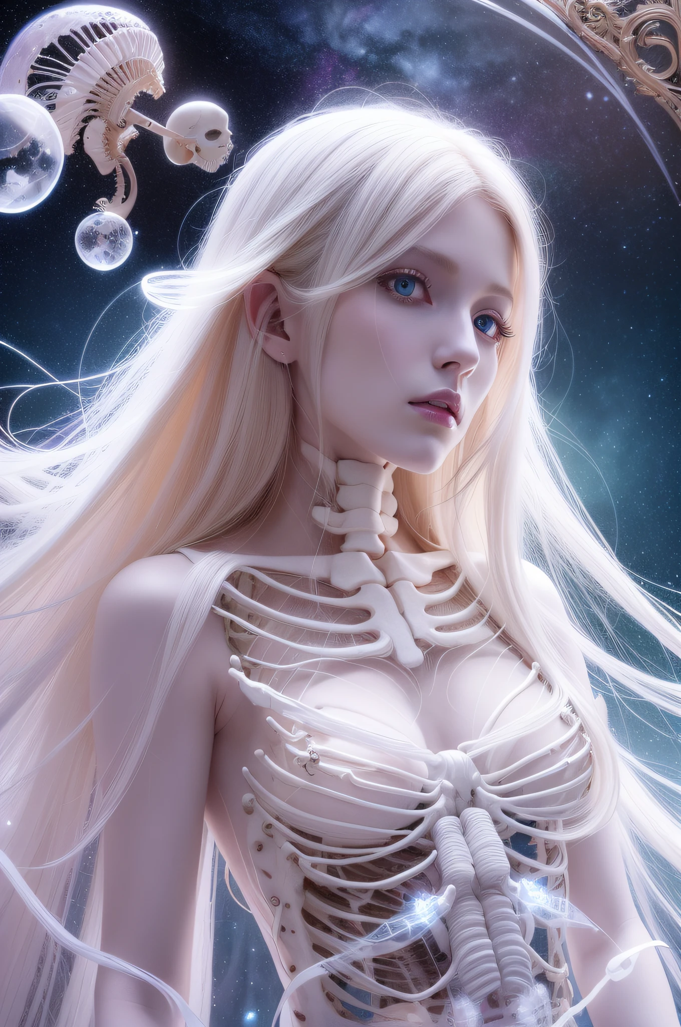 blond woman with long white hair and skeleton body in space, skeleton girl, ethereal skin, digital fantasy art ), 8k high quality detailed art, ethereal fantasy, astral fairy, white witch, astral ethereal, 4k highly detailed digital art, white glowing aura, jellyfish priestess, ribcage, a stunning young ethereal figure, digital art fantasy art