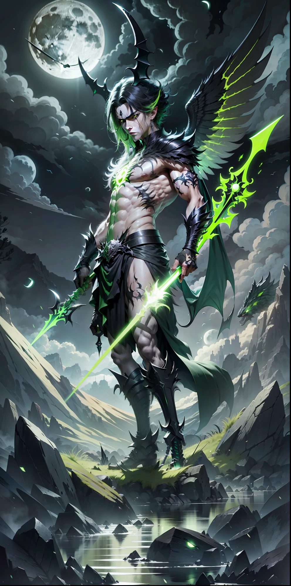 Dark and gloomy monster holding a bright green spear, with black wings, bright moon in the scenery, dark and dark scenery with a bright moon, bright yellow eyes and rude appearance, black marks all over the body
