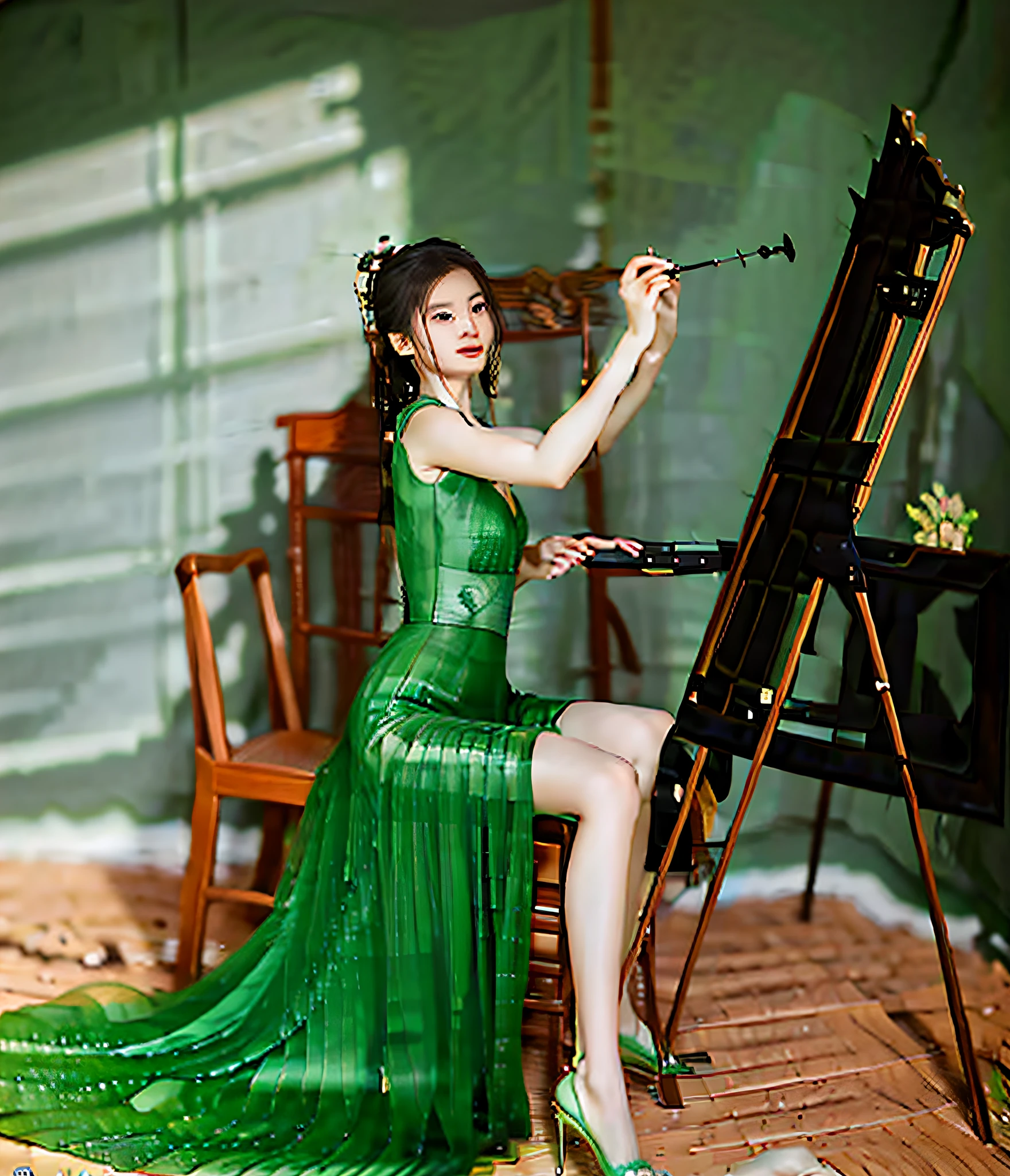 araffe woman in a green dress sitting on a chair in front of a easel, chinese artist, korean artist, stunning elegant pose, inspired by Zhang Shuqi, inspired by Chen Yifei, model painting, wenfei ye, inspired by Qian Xuan, inspired by Qiu Ying, inspired by Tang Yifen, by Qiu Ying