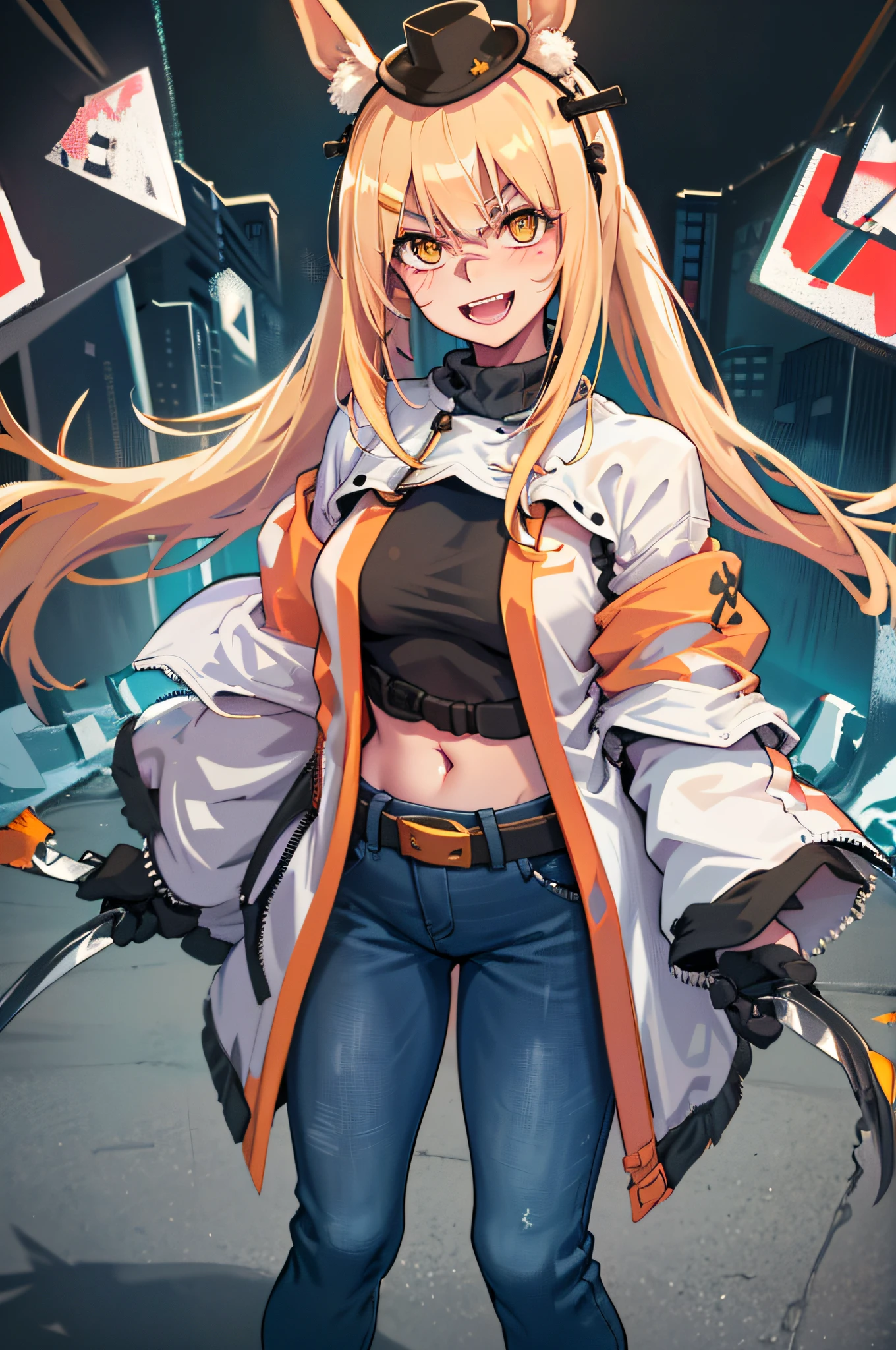 Original Character, Volumetric Lighting, Best Shadows, Shallow Depth of Field, Portrait Of Stunningly Beautiful Girl, Petite, Delicate Beautiful Attractive Face With Alluring Yellow Eyes, Messy Painted Face, Sharp Eyebrows, Broadly Smiling, Open Mouth, Fangs Out, Lovely Medium Breasts, Layered Long Twintail Blond Hair, Blush Eyeshadow, Thick Eyelashes, Applejack Hat, Oversized Pop Jacket, Mini Underboob Tee, Open Navel, Slim Waist, Denim Jeans Pants, With Buckle Belt, In The Graffiti Alley, Waste Container, Outside Stairs, Outdoor Unit, Holding Spray Paint Can, Standing, (Highest Quality, Amazing Details:1.25), (Solo:1.3), Brilliant Colorful Paintings