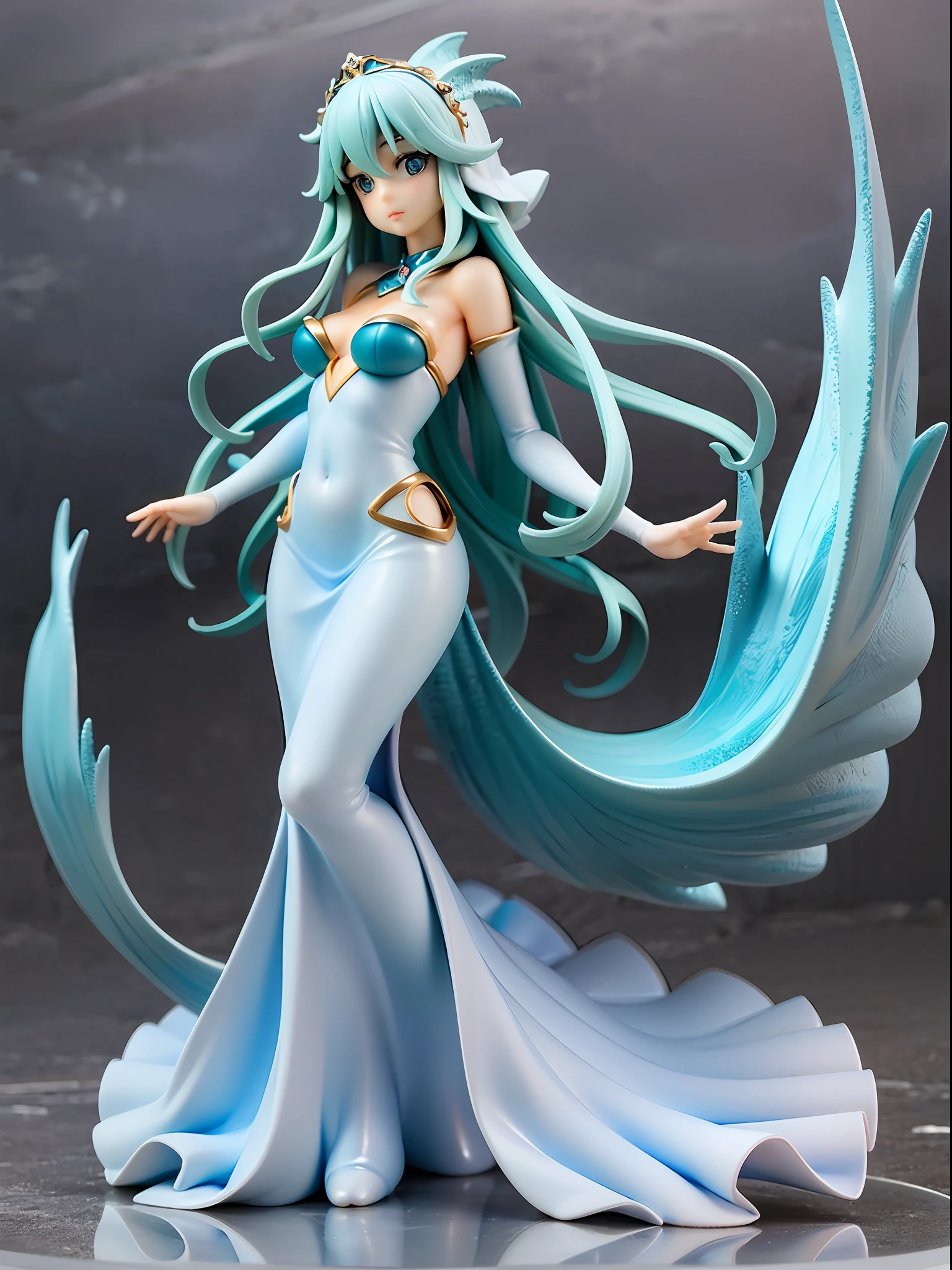 Water spirit, hair like blue waves, deep-sea colored eyes, mermaid tail, standing at seabed, translucent outfit, crown of shells and coral, full-body angle, surrounded by fish and seaweed, gentle expression, fingers gliding in water, wakame, wakame, wakame,