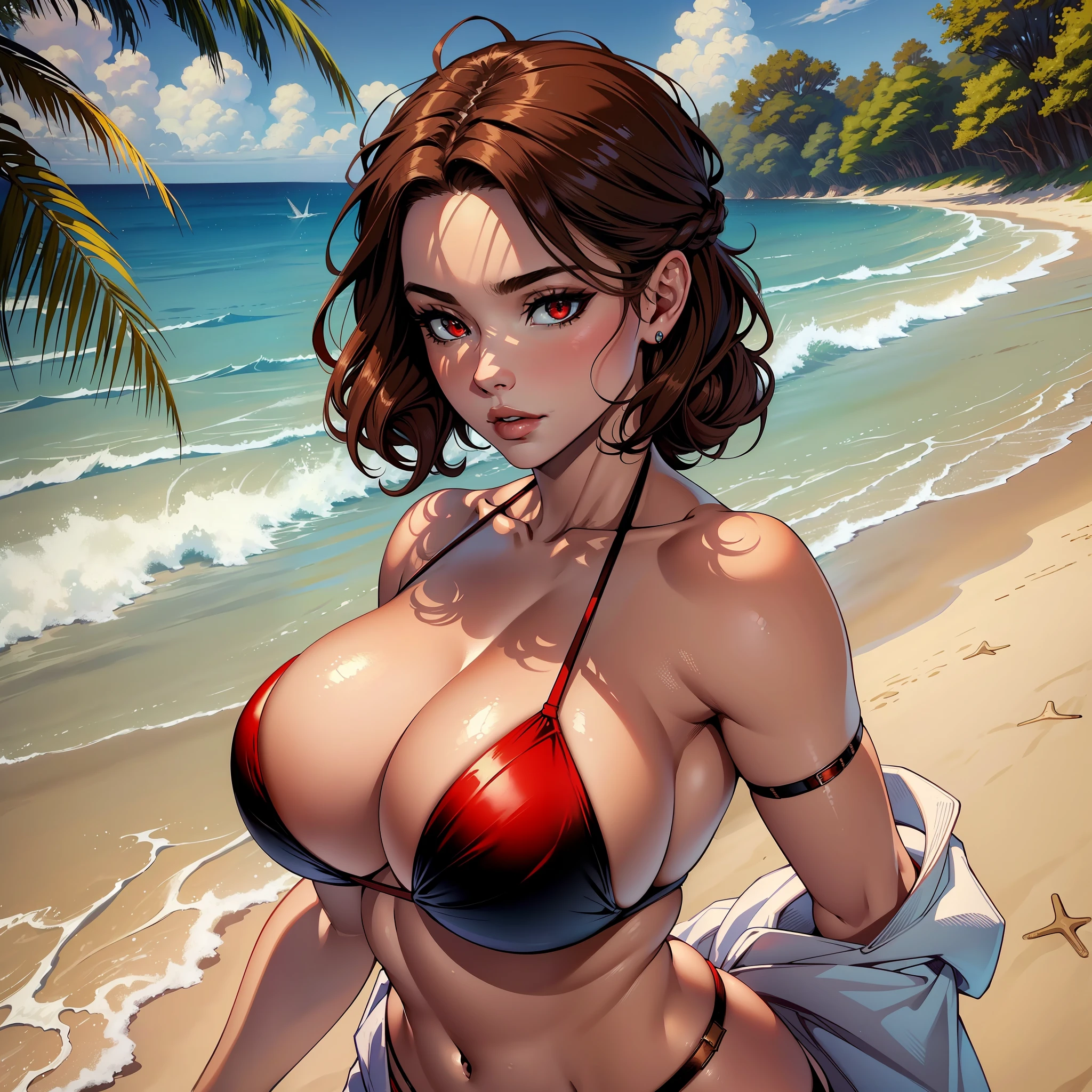 beautiful, (masterpiece:1.2), (best quality:1.2), perfect eyes, perfect face, perfect lighting, 1girl, solo, (bikini), outdoors, sunny, beach, red eyes, brown hair, short hair, braided hair, voluptuous, massive breasts, upper body