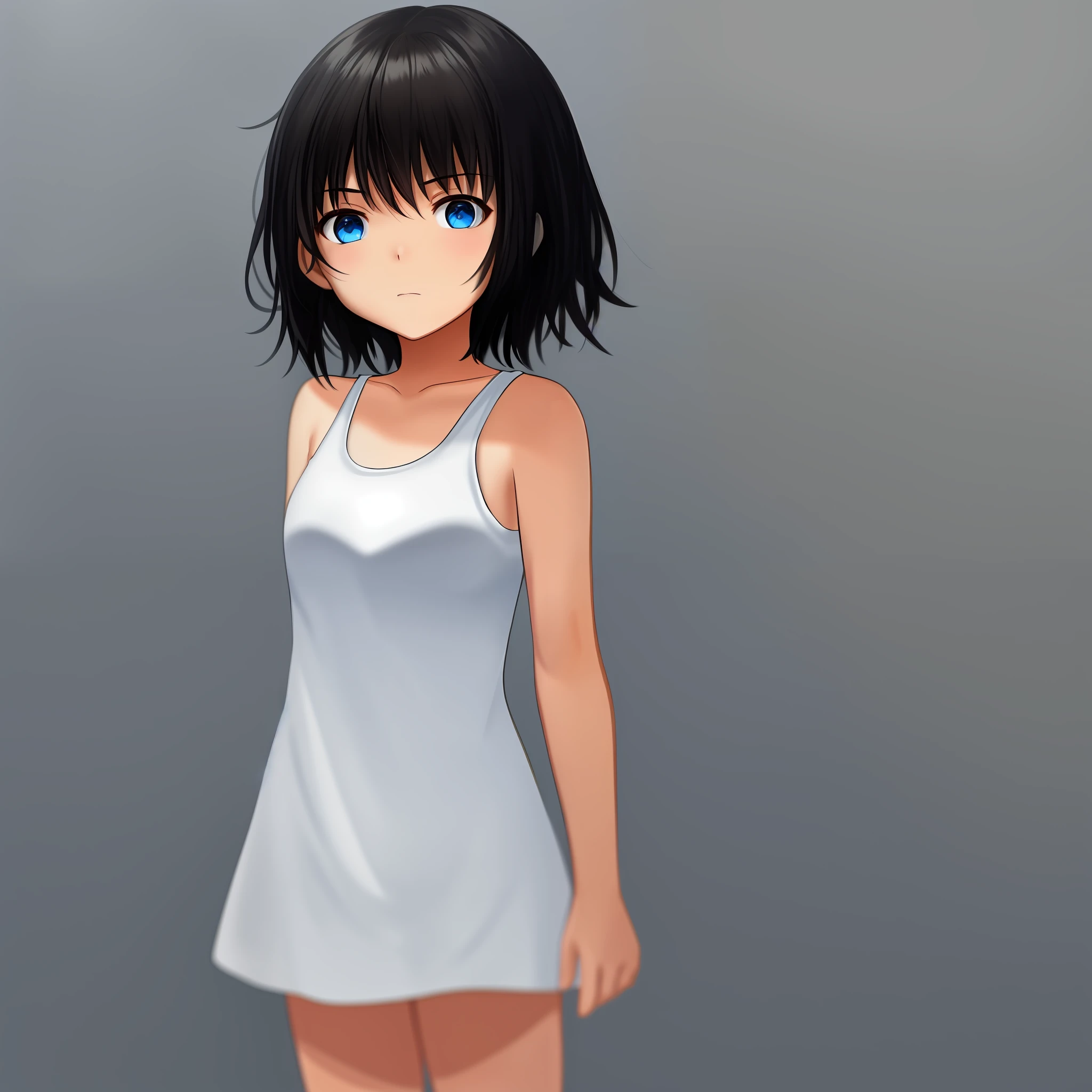 A little girl, with blue eyes, short black hair, wearing a long white tank top, is standing looking forward with an appearance and expression of concern.
