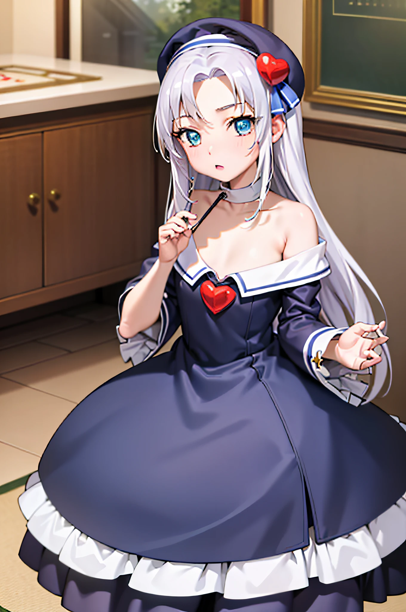 (best quality:1.1), (masterpiece:1.4), (absurdres:1.0), portrait, close-up, 1girl, takayama maria, silver hair, flat chest, blue eyes, long hair, kissing, looking at viewer