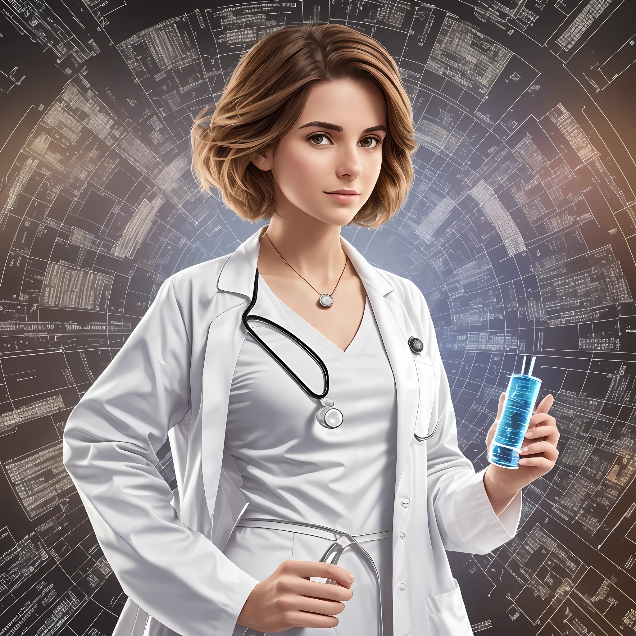 Imagine a 26-year-old doctor who wears a white lab coat, who passes clarity and connects with her audience, has short, brown hair and fair skin and on the background of the image DNA molecules --auto --s2