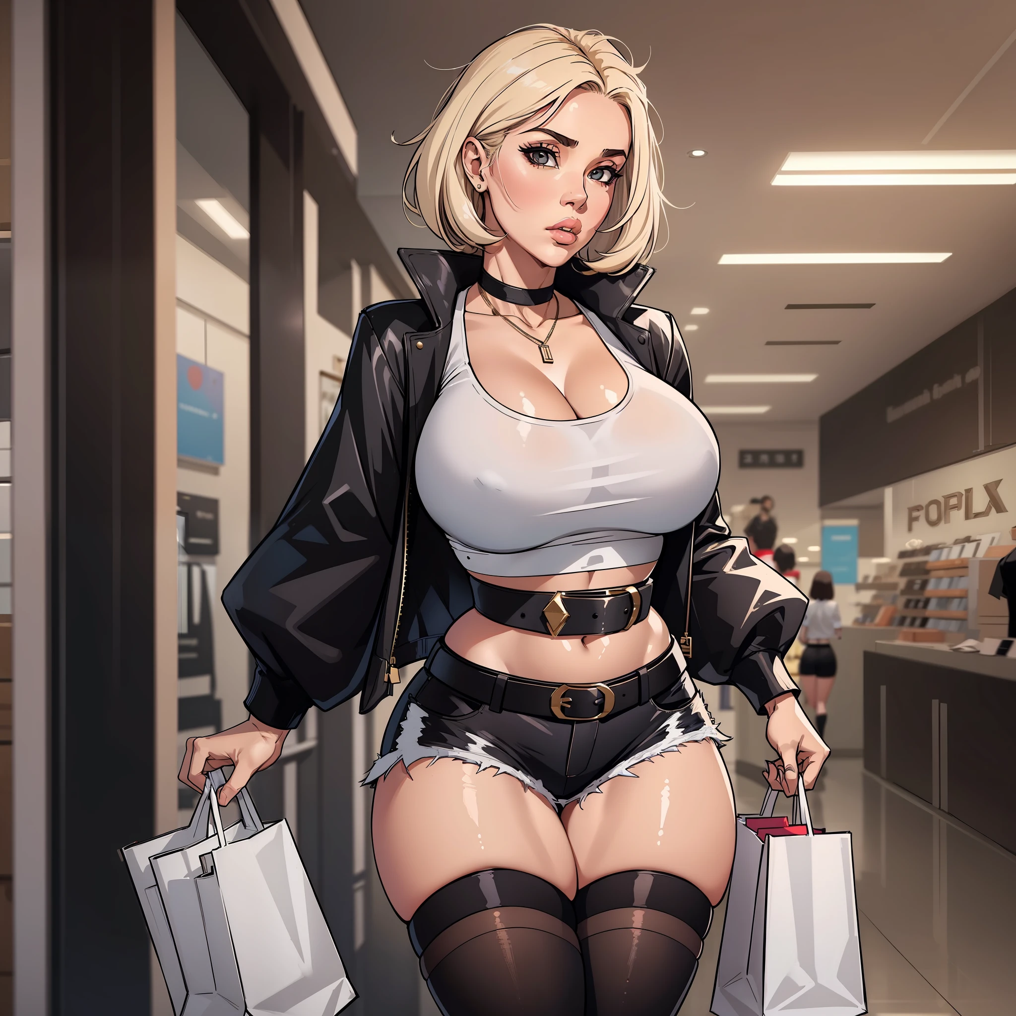 (1girl:1.2), solo, mature female, mature, walking, upper body,
looking at viewer,
(puffy lips:1.2),
demim shorts, black thighhighs, white crop top, belt,
curvy,
indoors, shopping moll,