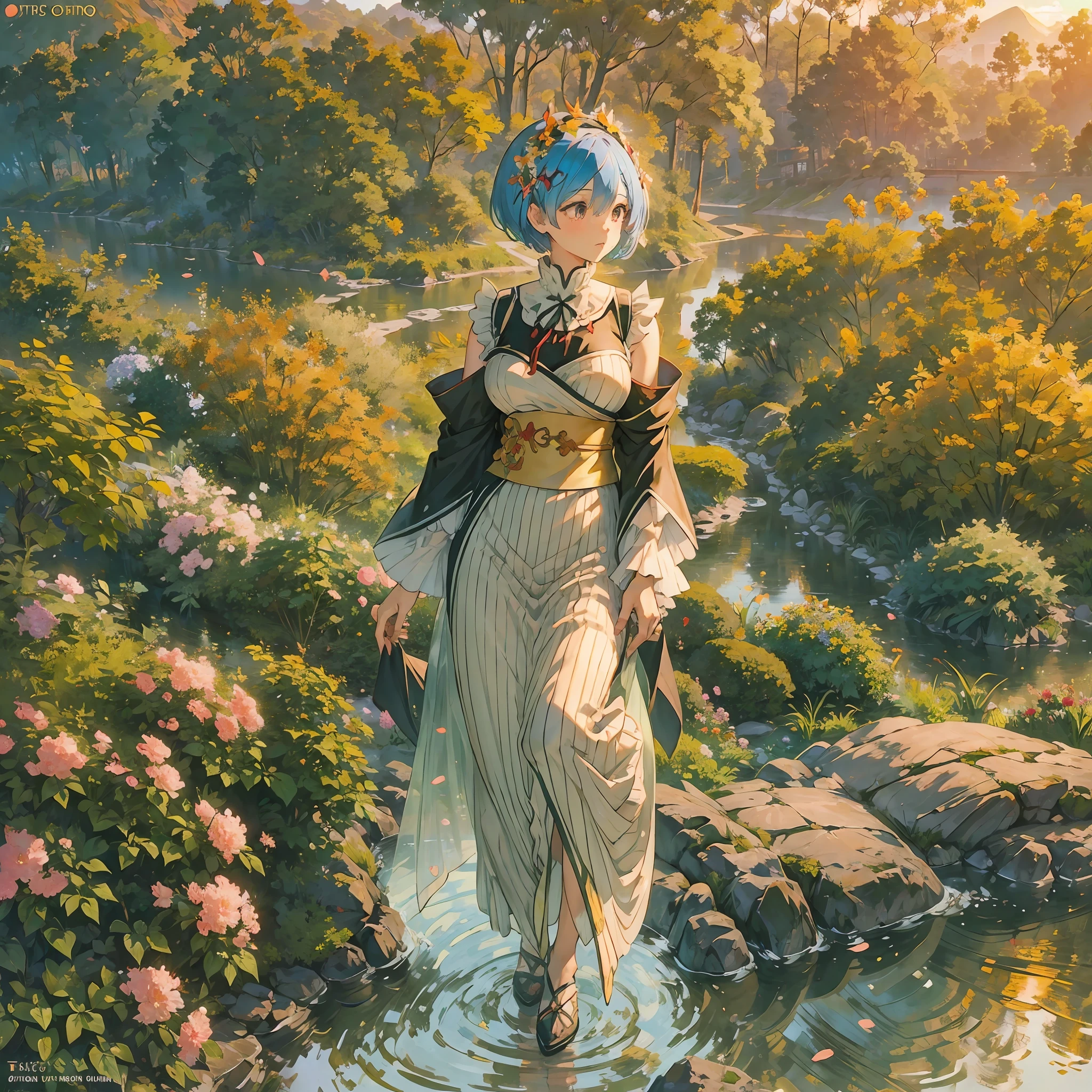 (Rem from Rezero), Masterpiece, High quality, Sexy outfit, At Natural Garden, Trees, Flowers, River, Golden hour, Sun light, light focus at the body, View from far above --auto --s2