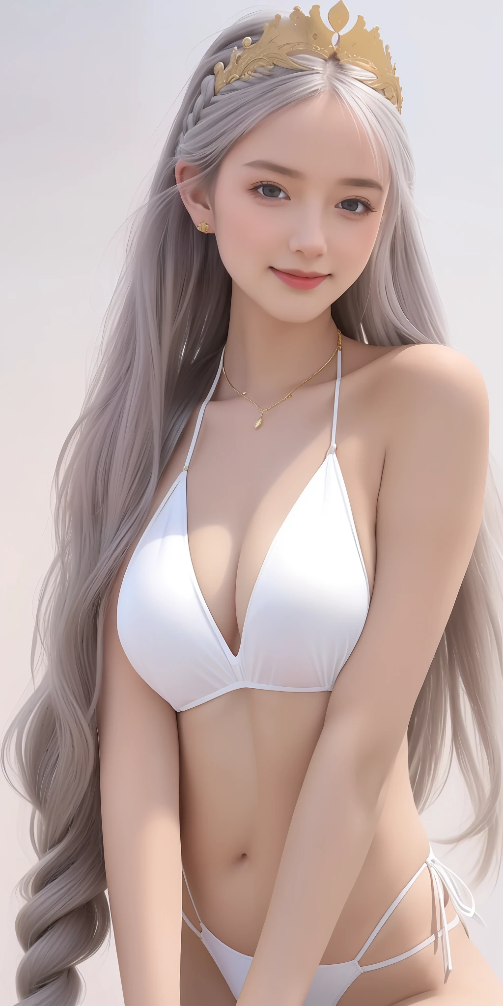 Top quality, very detailed, masterpiece, ultra-detailed, (realistic: 1.2), 1 girl, (white background), simple background, delicate eyes, silver hair, purple eyes, hair_ornament, (golden minuscule micro bikini), long hair, pointy_ears, crown_braid, biting smile, straight hair, full body, big breasts, slightly spread legs, Swimsuit, with impossibly little cloth area (micro bikini)