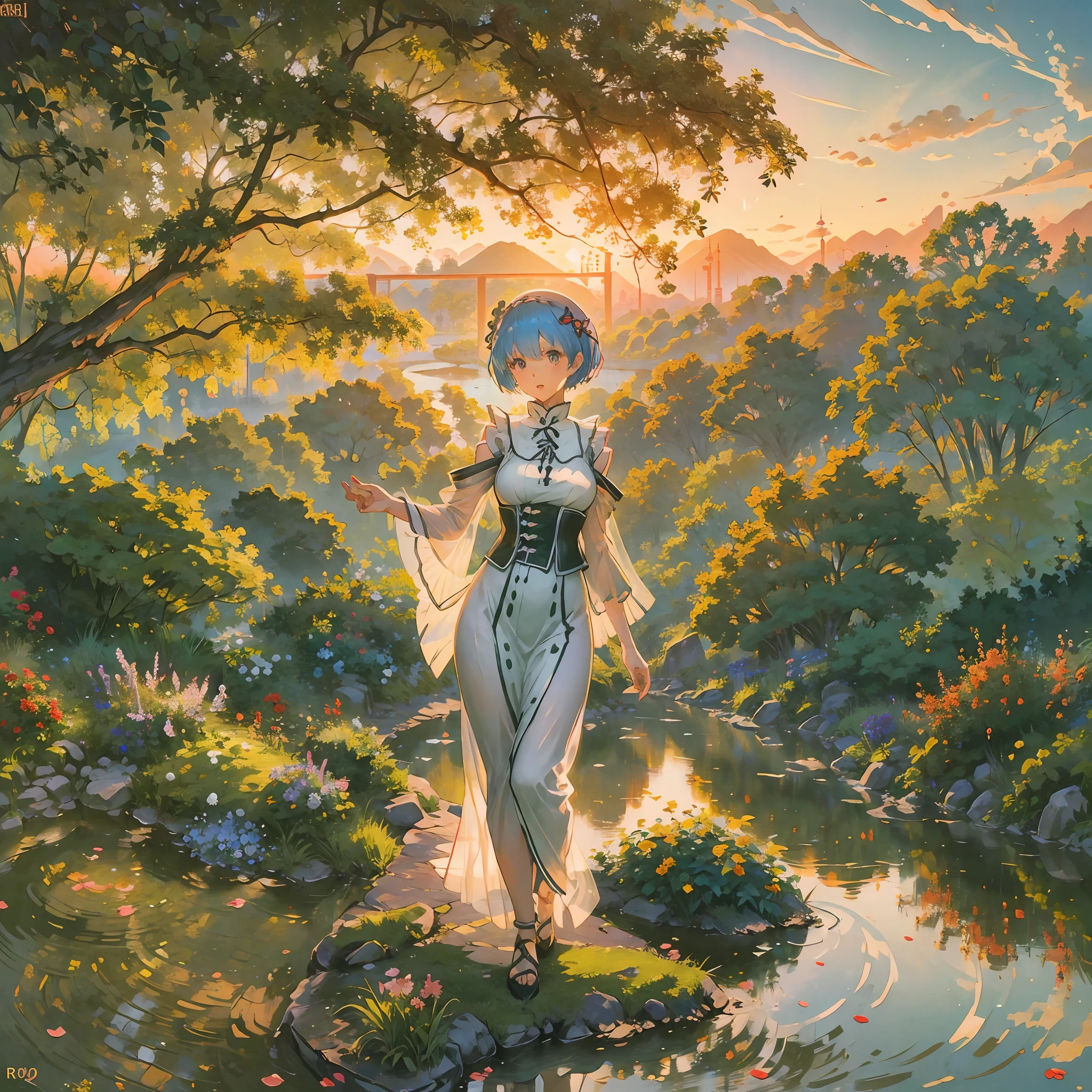 (Rem from Rezero), Masterpiece, High quality,  Sexy outfit, At Natural Garden, Trees, Flowers,  River, Golden hour, Sun light, light focus at the body, View from far above --auto --s2