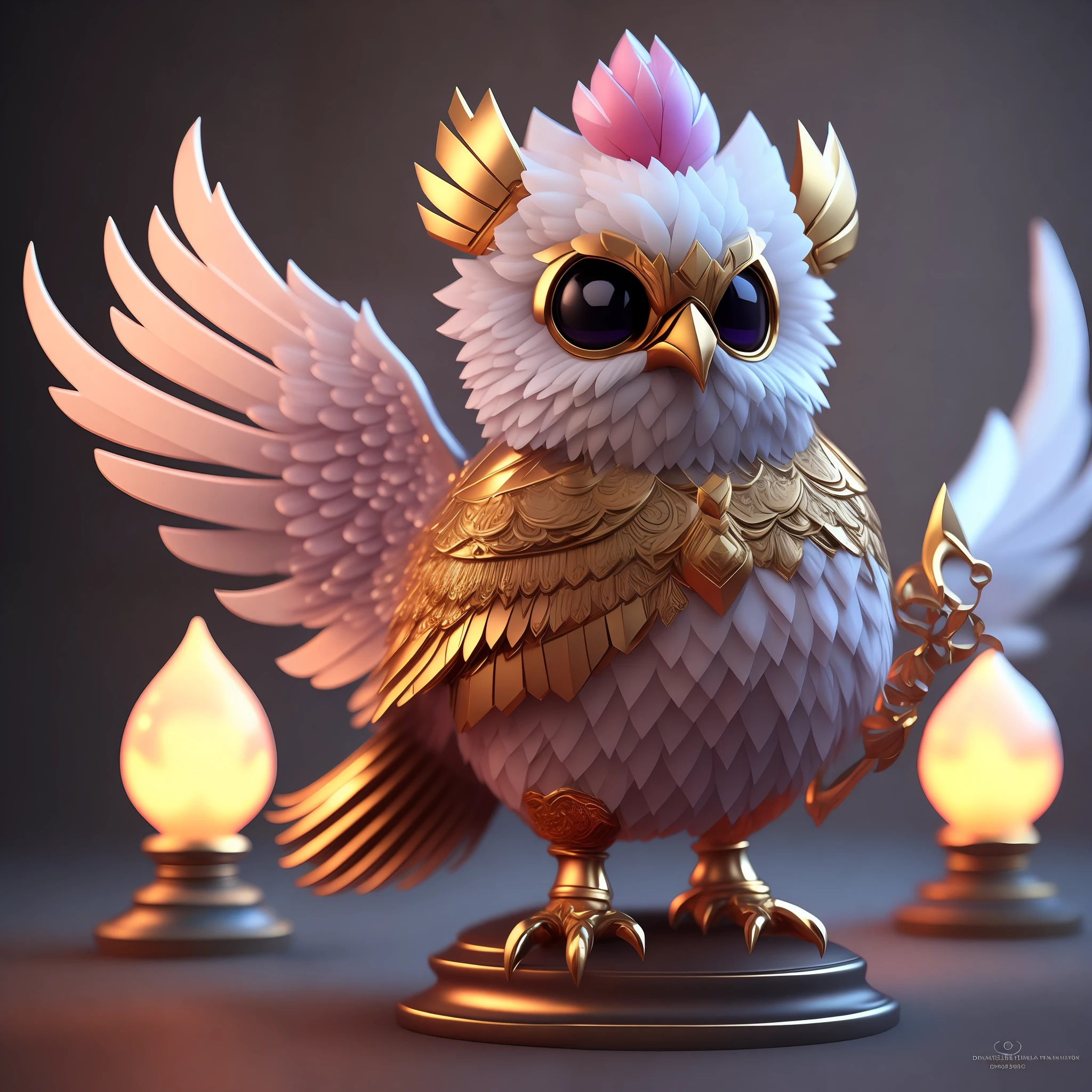 Photo of DivineStatue InkPunk (extra weapon), a cute little chubby phoenix, made of crystal balls, highly detailed complex concept art trend with low-poly eyes artstation 8k