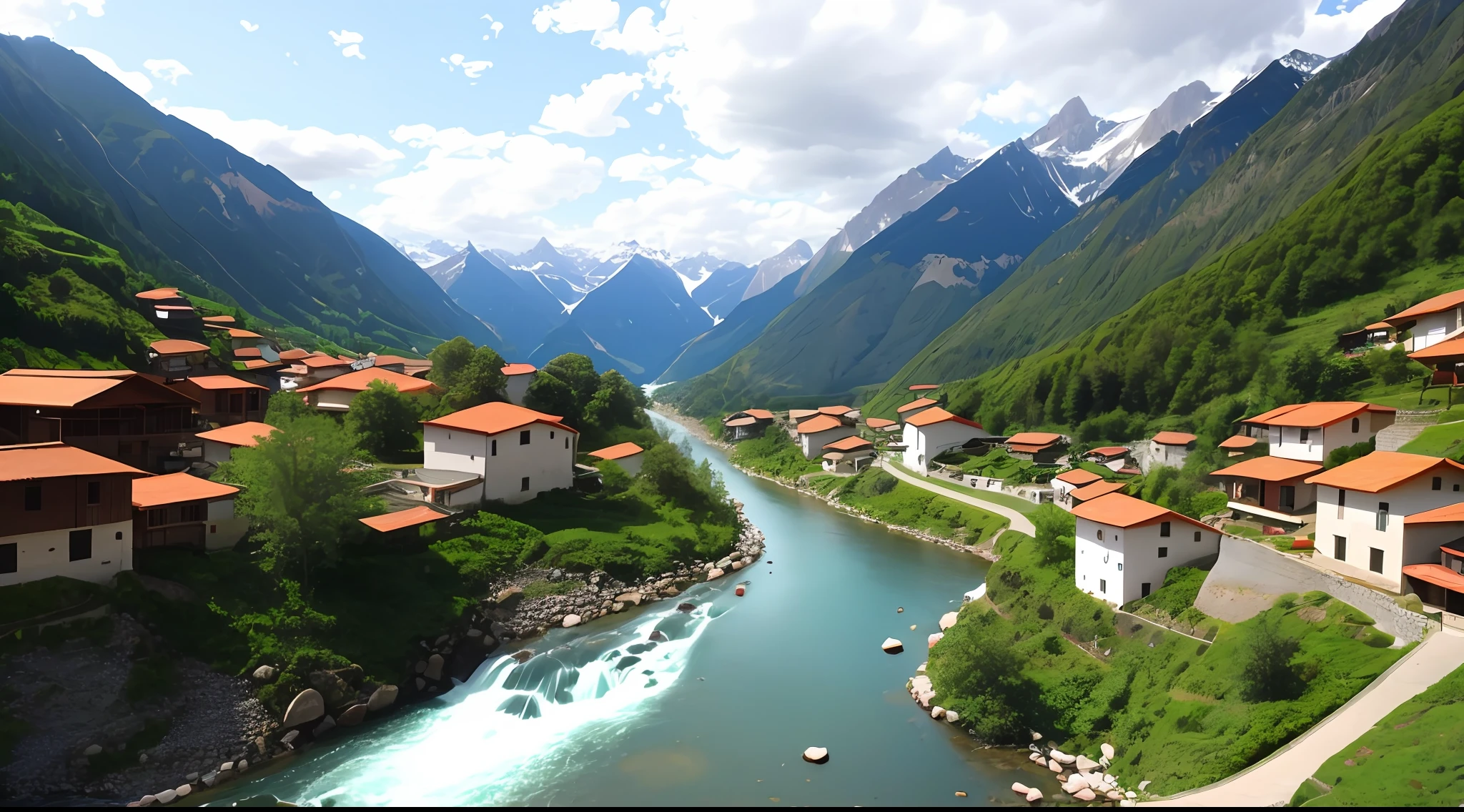 A village on top of a mountain, a river flows,