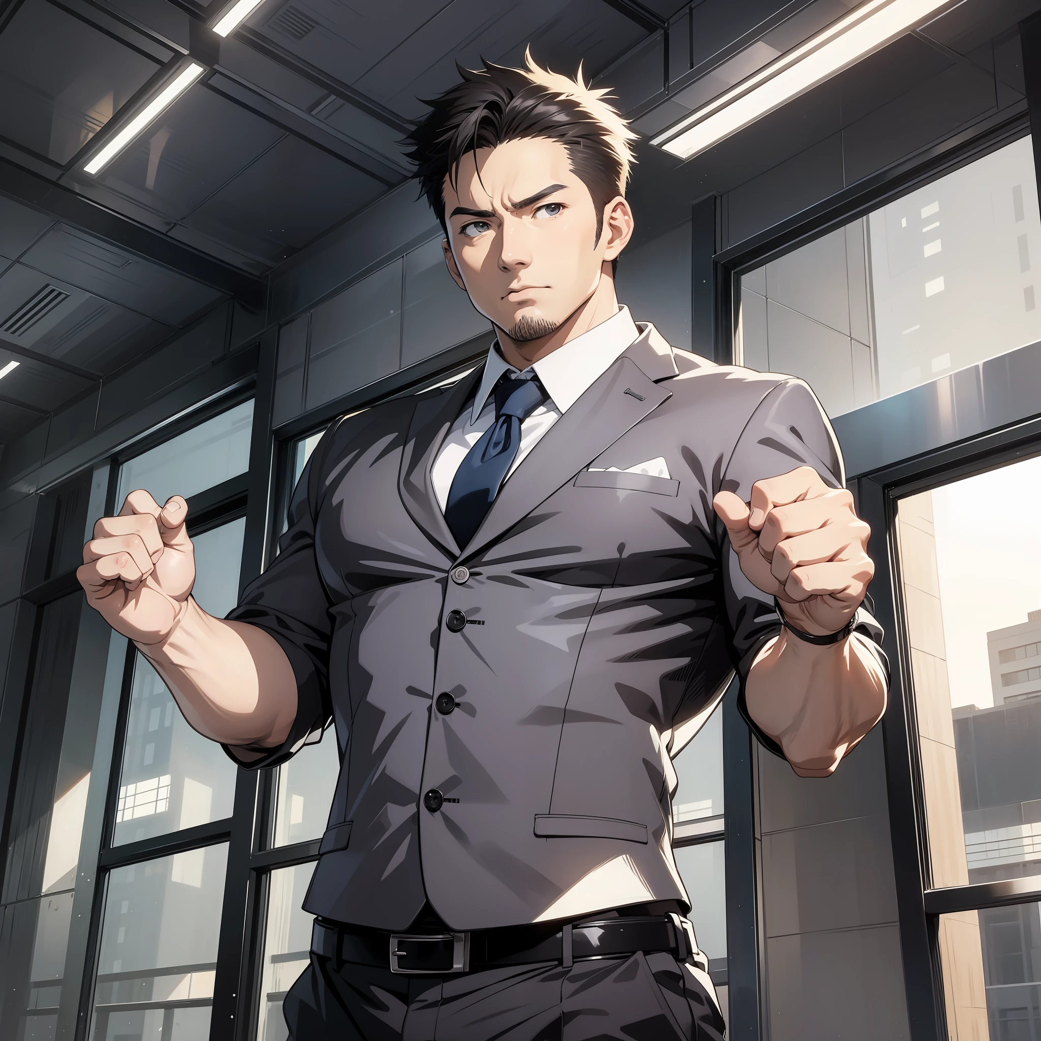 masterpiece, anime style, wide angle, cool man with short hair about 40 years old, wearing a suit, raising hands, cheering, cute, muscular, powerful, fantastic light, drawn composition