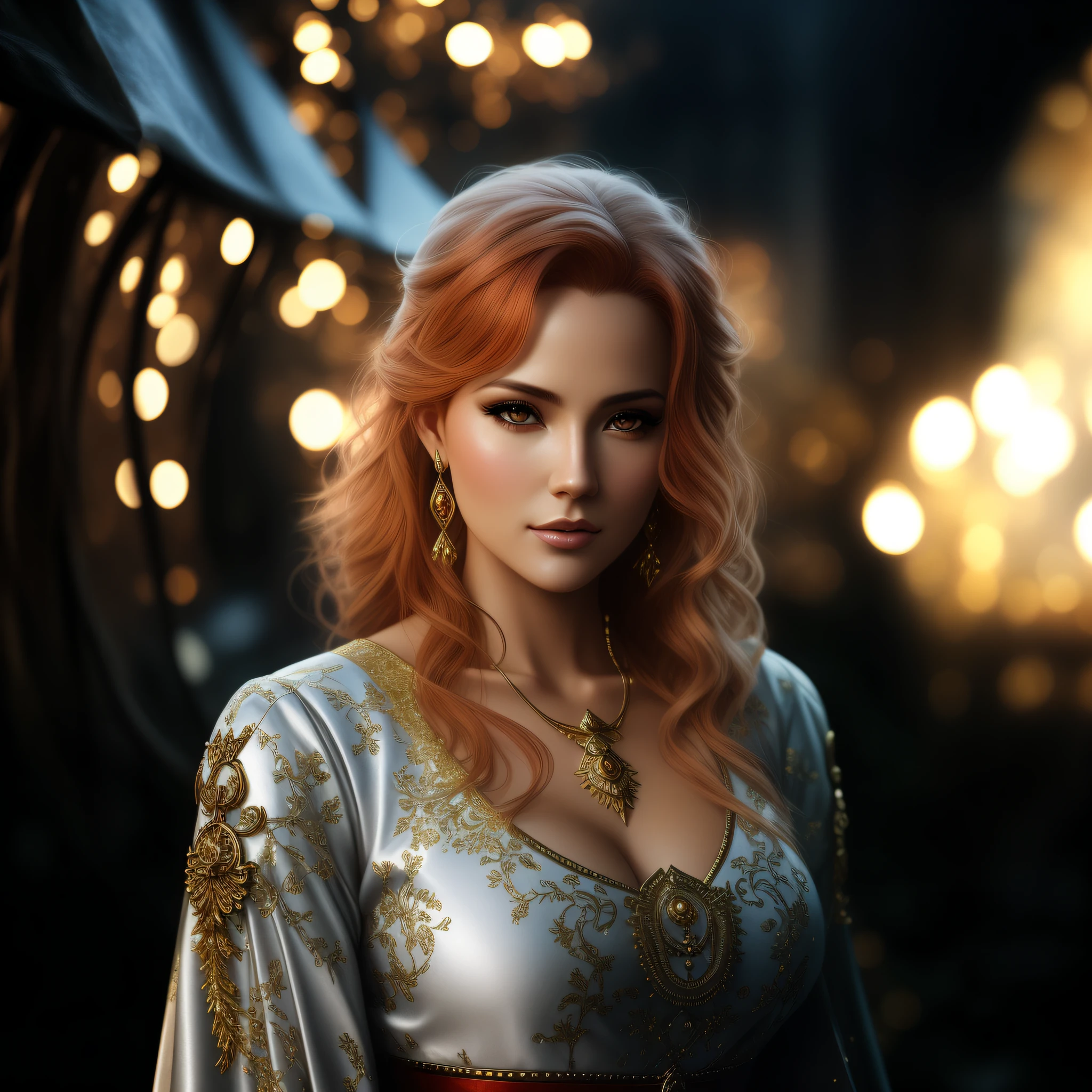 A closeup of a full-body woman with red hair and long eyes and gold in a mystical warrior outfit posing for a photo, portrait of a goddess of the middle ages, 8K Artgerm Bokeh, Wojtek Fus, art of a goddess, super realistic photo, artgerm portrait, stunning digital illustration, realistic digital art 4K, realistic digital art 4K,  Closeup character portrait, Artgerm. high detail, intricate