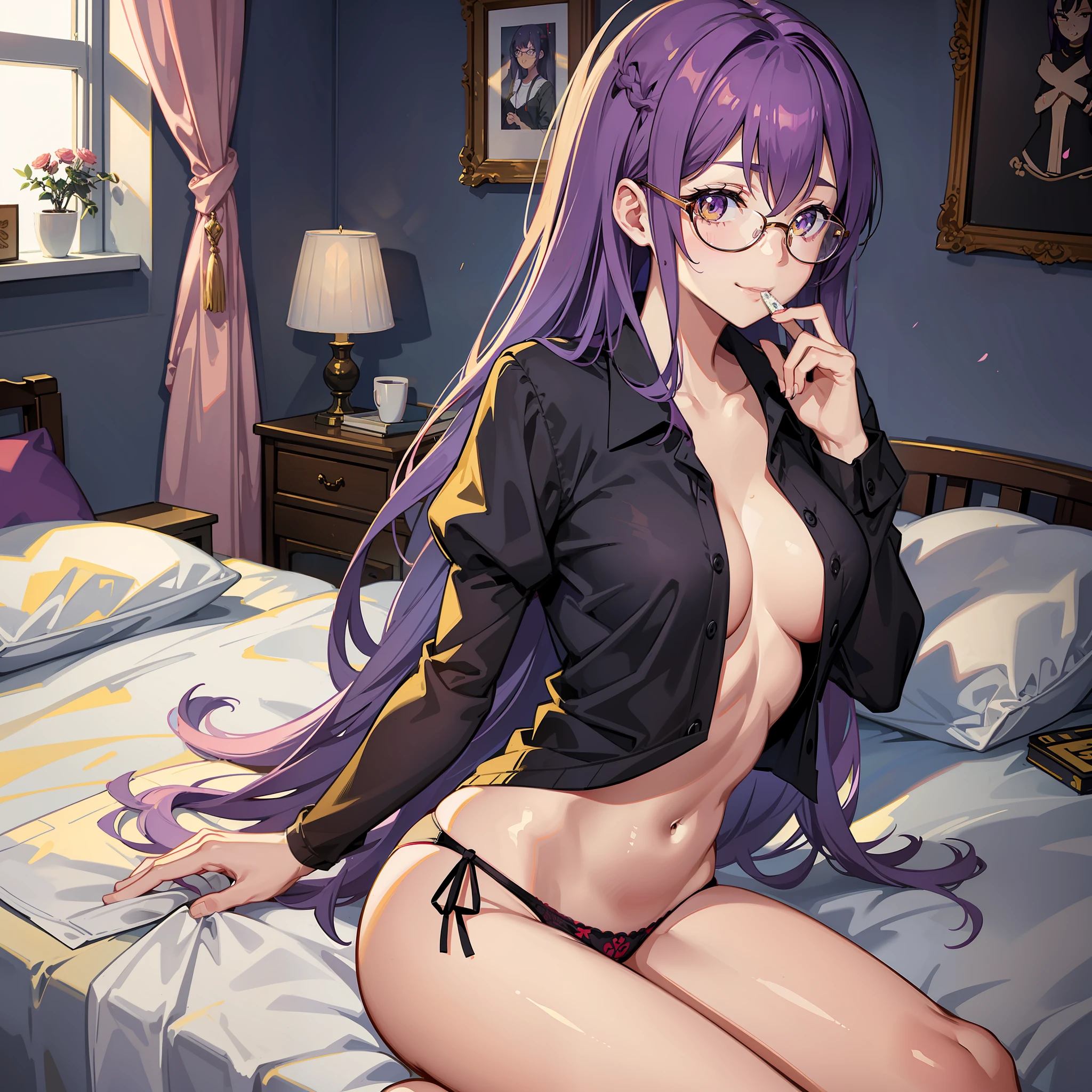 female anime character, female character, athletic body, beautiful hands, perfect body, purple hair, long hair, stuck hair, beautiful eyes, animated look, yellow eyes, cute background, perfectionism, bedroom background, detailed, casual clothing, wearing panties, black panties, beautiful clothes, crumpled shirt, shirt with print, beautiful character, sitting, eating ice cream, strawberry ice cream, glasses, glasses on shirt collar, leaning on a table, cute background, athletic girl, beautiful girl, tall girl, focused image, cute face, perfect picture, sitting on bed, messy bed, smile, cute smile, lip smile, approximate image, blurred background, solo, 1 character, beautiful thighs, perfect thighs, just shirt and panties, no underwear, beautiful underwear, crammed shirt