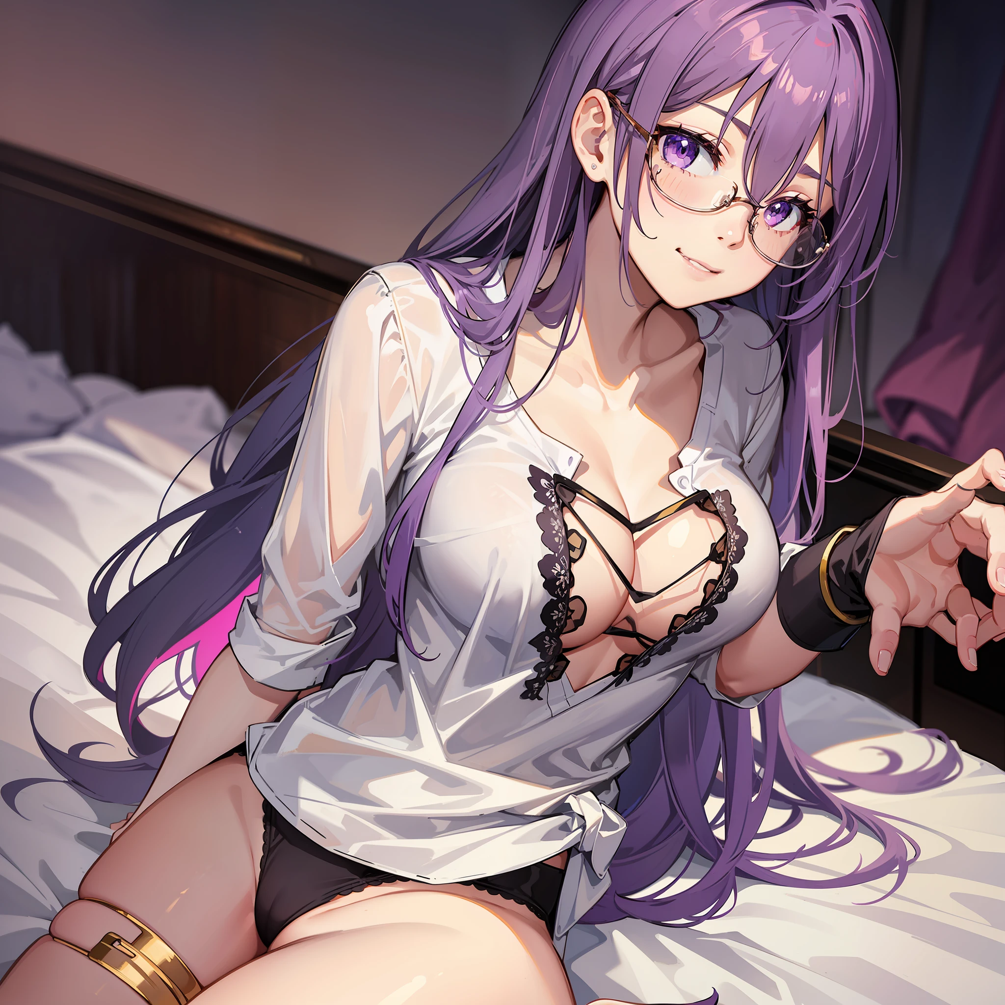female anime character, female character, athletic body, beautiful hands, perfect body, purple hair, long hair, stuck hair, beautiful eyes, animated look, yellow eyes, cute background, perfectionism, bedroom background, detailed, casual clothing, wearing panties, black panties, beautiful clothes, crumpled shirt, shirt with print, beautiful character, sitting, eating ice cream, strawberry ice cream, glasses, glasses on shirt collar, leaning on a table, cute background, athletic girl, beautiful girl, tall girl, focused image, cute face, perfect picture, sitting on bed, messy bed, smile, cute smile, lip smile, approximate image, blurred background, solo, 1 character, beautiful thighs, perfect thighs, just shirt and panties, no underwear, beautiful underwear, crammed shirt