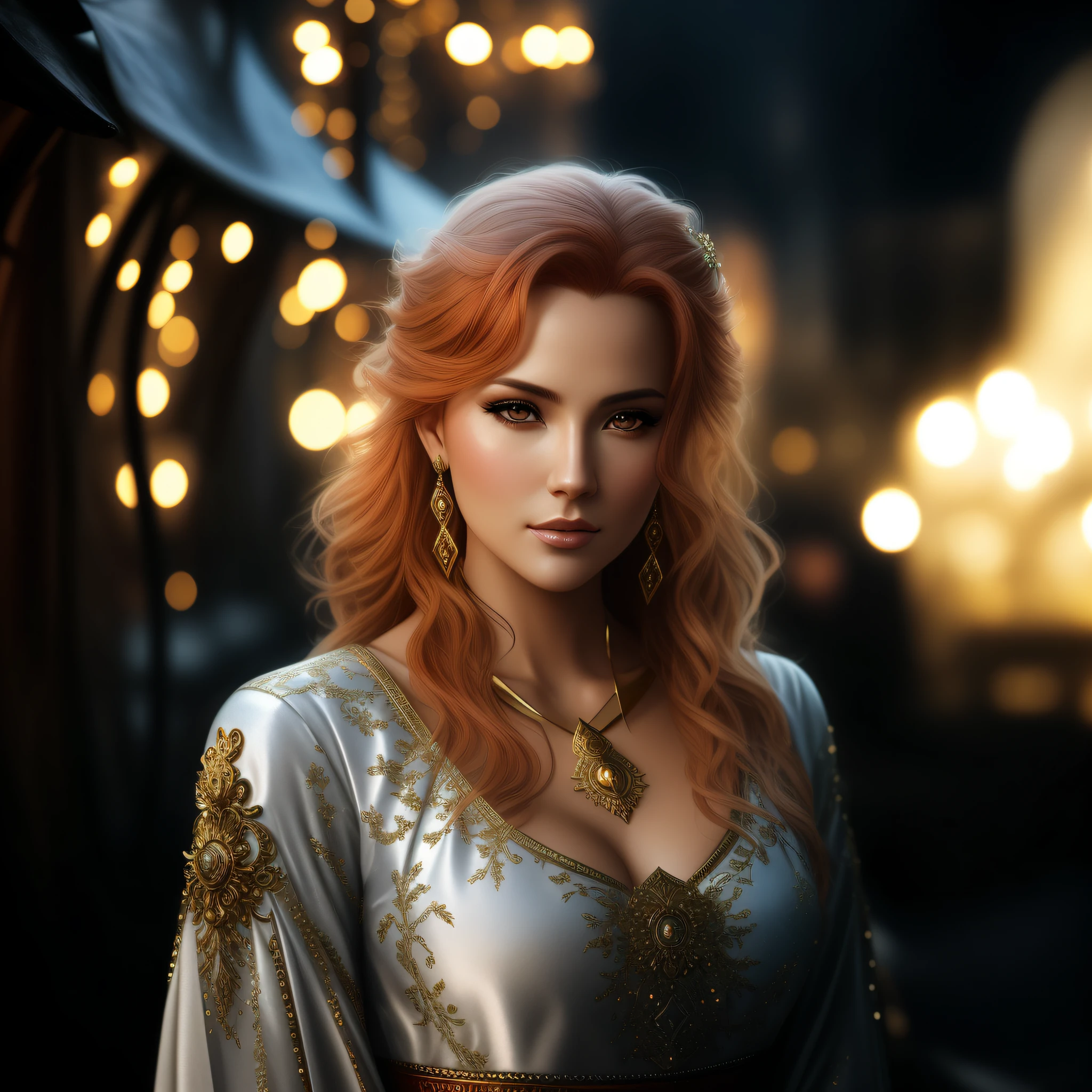 A closeup of a full-body woman with red hair and long eyes and gold in a mystical warrior outfit posing for a photo, portrait of a goddess of the middle ages, 8K Artgerm Bokeh, Wojtek Fus, art of a goddess, super realistic photo, artgerm portrait, stunning digital illustration, realistic digital art 4K, realistic digital art 4K,  Closeup character portrait, Artgerm. high detail, intricate