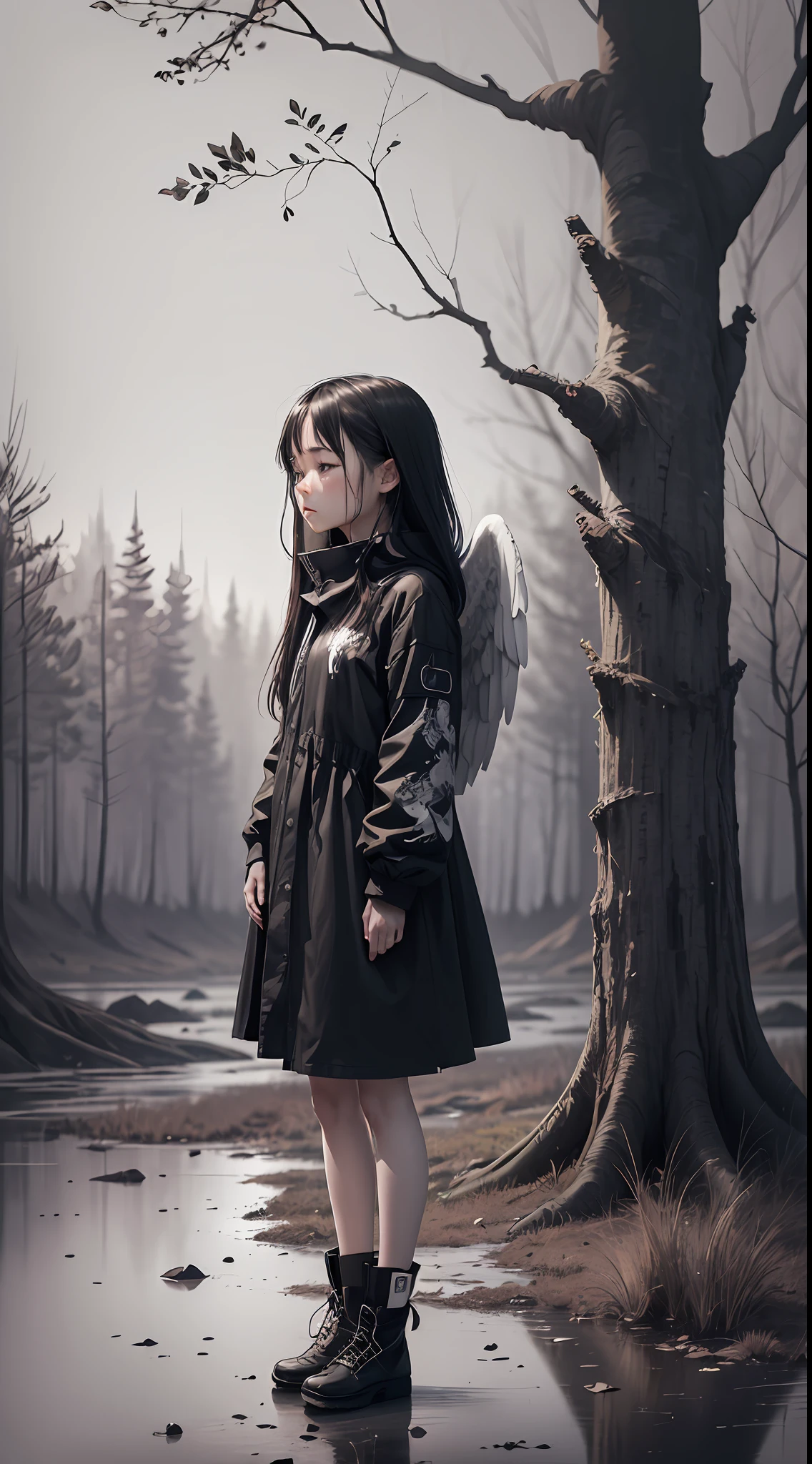 (Style: Emotional tones, ink style), a lonely girl, she stands alone on a wide wilderness, the sky is gloomy, and her heart is heavy. Her face was full of pain and sorrow, as if she was thinking about a lost relationship. It was surrounded by a depressed scene, as if enveloped in sadness and loneliness. In addition, the trees are withering, and a few fallen leaves float in the deserted wilderness, as if calling for the tenderness and care of the world. The black, white and gray gradient noisy background echoes the inner graffiti, and the whole picture is full of deep sadness and endless grief. (embedding: Angel Wings) --auto --s2