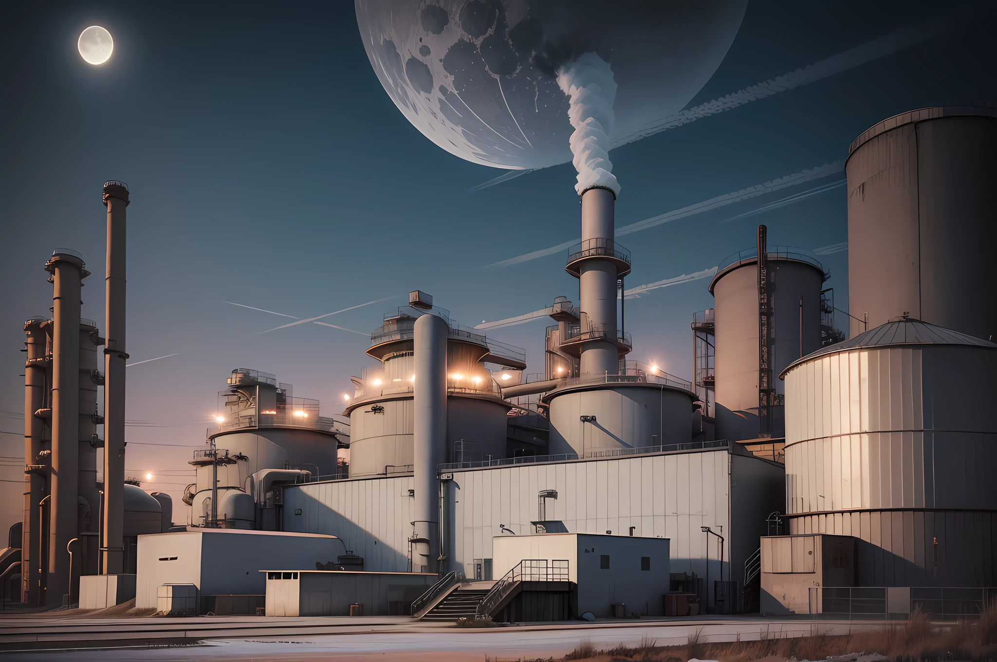 arafed concrete plant at night, industrial factory, ((a single huge silo)), (moonlight), (night), the photo shows a large, high quality product image”, industrial setting, factory background, factories, mountain valley to factory, huge factories, industrial buildings, industrial complex, industrial plant environment, chemical plant, detailed factory, industries, industrial environment, industrial photography, conveyor belts, industrial machinery