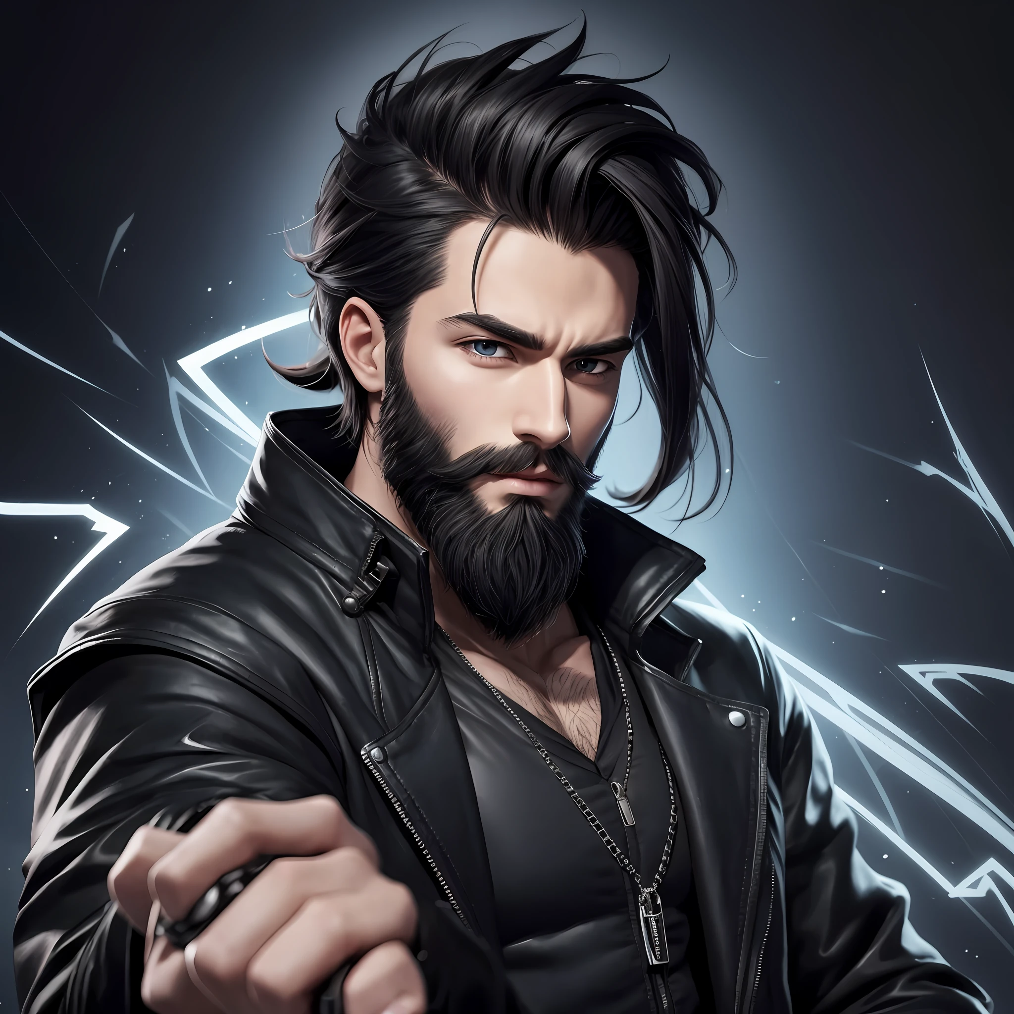 A young man with a long beard, wearing a black jacket, in a dark, anime style, super detailed setting. --auto --s2