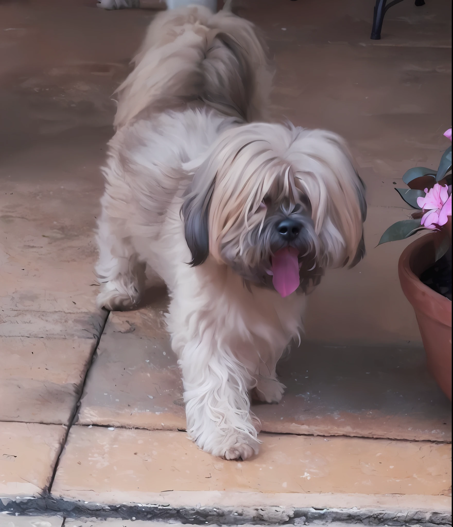 there is a small dog standing on a patio next to a potted plant, shih tzu, 2 , scruffy looking, 5 years oldan male type, looking heckin cool and stylish, handsome, shaggy, a handsome, havanese dog, shui mo hua, a gorgeous, stunning!, stunning quality, very handsome, bella, cheeky!!!
