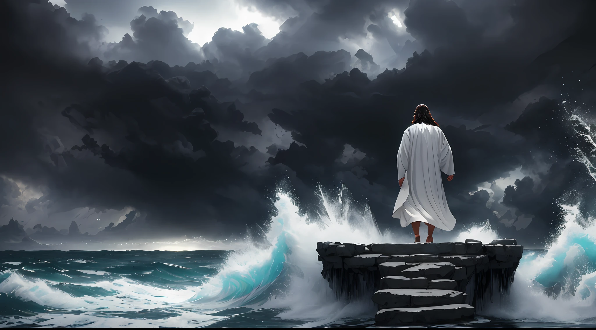 jesus walking on water in a storm, masterpiece, best quality, high quality, extremely detailed CG unit 8k wallpaper, award winning photography, Bokeh, Depth of Field, HDR, bloom, Chromatic aberration, photorealistic, extremely detailed, trending on artstation, trending on CGsociety, intricate, high detail, dramatic, mid-journey art, volumetric lighting