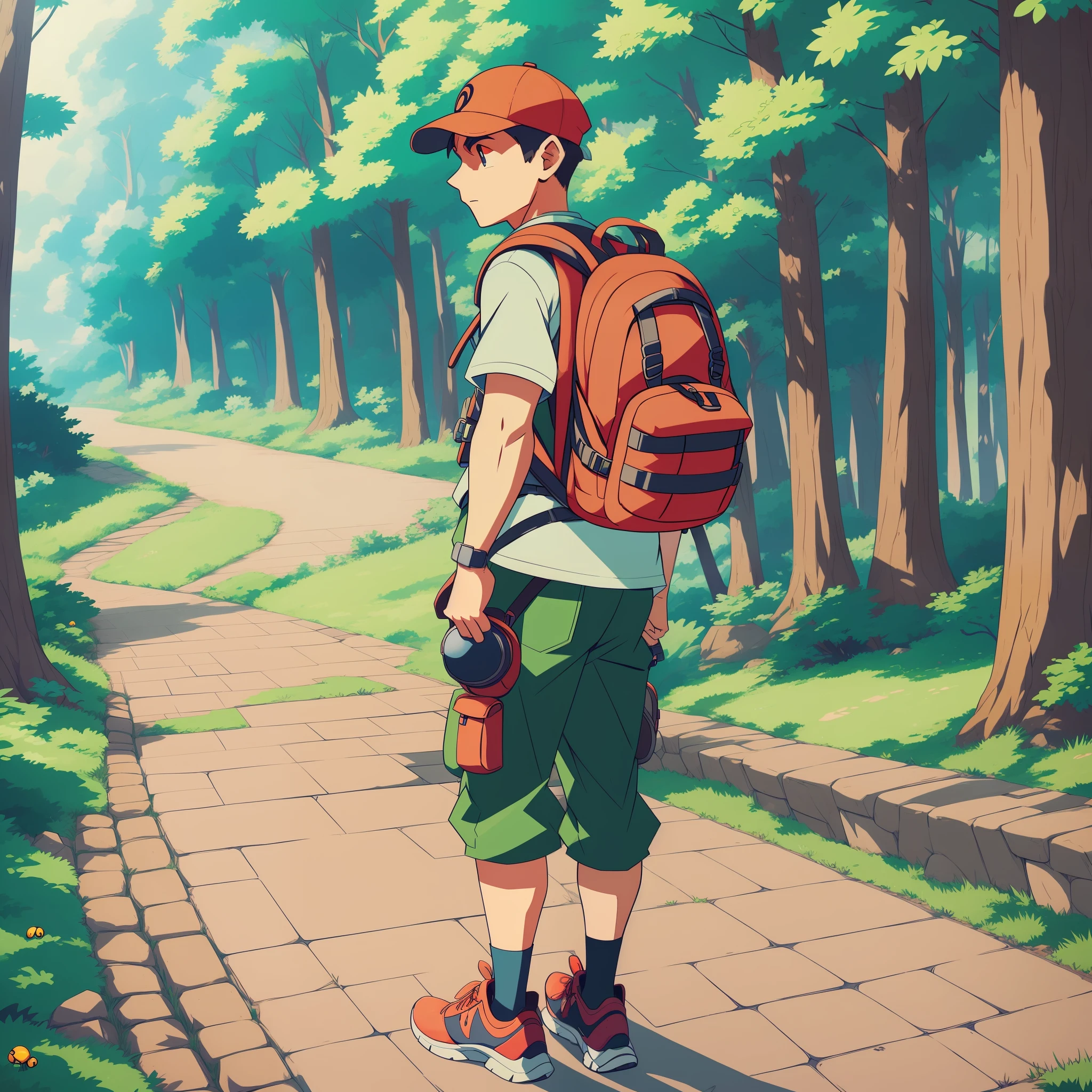 a cartoon of a man with a backpack and a backpack, pokemon trainer, pokemon trainer outfit, official character art, !!full body portrait!!, inspired by Akihiko Yoshida, full-body character portrait, fullbody portrait, full body illustration, full body character portrait, character full body portrait, pokemon style, inspired by Luigi Kasimir, inspired by Henric Trenk