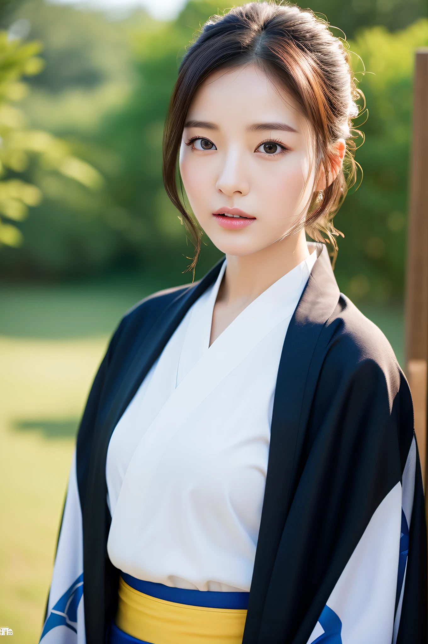 ((Best Quality, 8K, Masterpiece: 1.3)), Sharp Focus: 1.2, (Super Beautiful Face: 1.0), (Glossy Skin: 1.0), Realistic Photos, Black Hair, Realistic Pupils, Movie Lighting, Highly Detailed Eyes and Faces, Movie Lighting, (Cowboy Shot: 1.0), (Kimono, Hakama, Obi: 1.15), In Nature, (Korean Cute Actress)