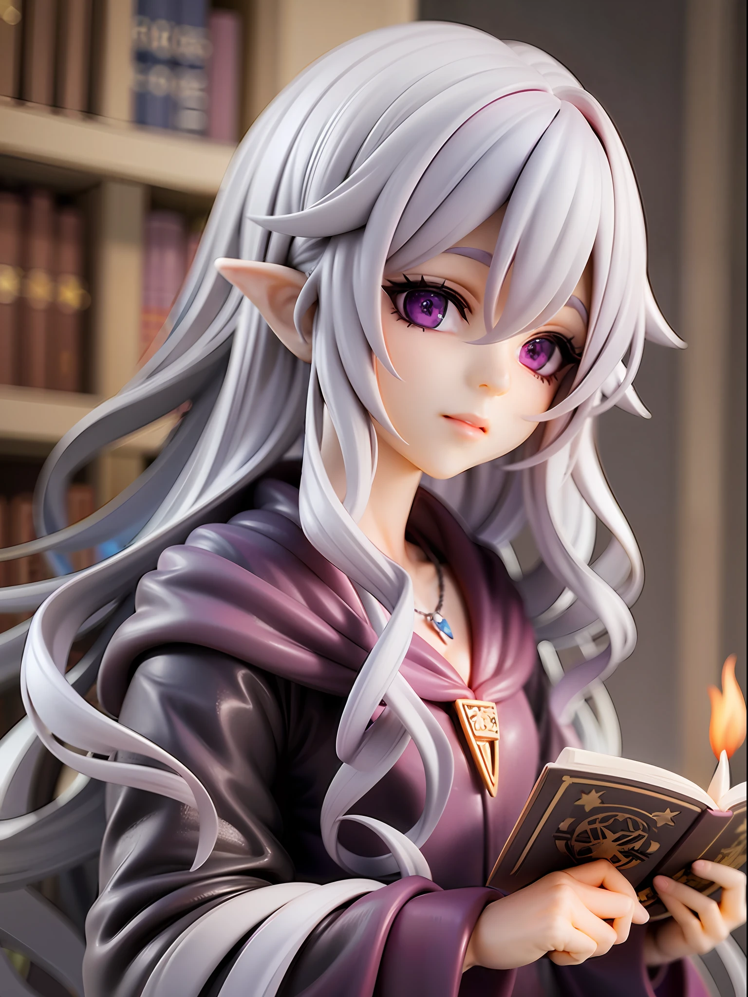 silver hair, long hair, wavy hair, purple theme, droopy eyes, cute face, wizard girl, reading magic book, star-shaped necklace, black and purple robe, old library background, candlelight,