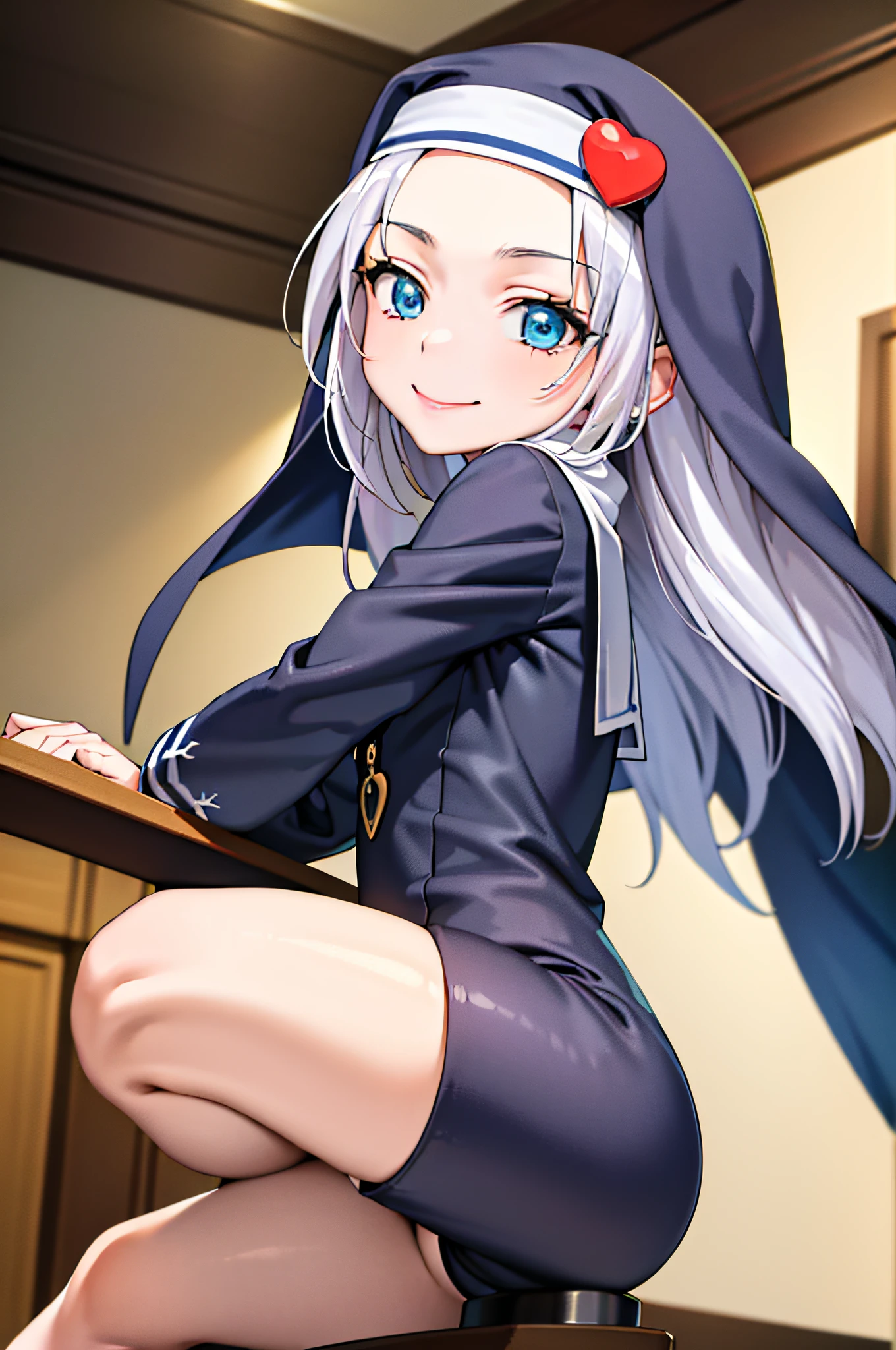 (best quality:1.1), (masterpiece:1.4), (absurdres:1.0), portrait, close-up, 1girl, takayama maria, silver hair, flat chest, blue eyes, long hair, nun, looking at viewer, smile,