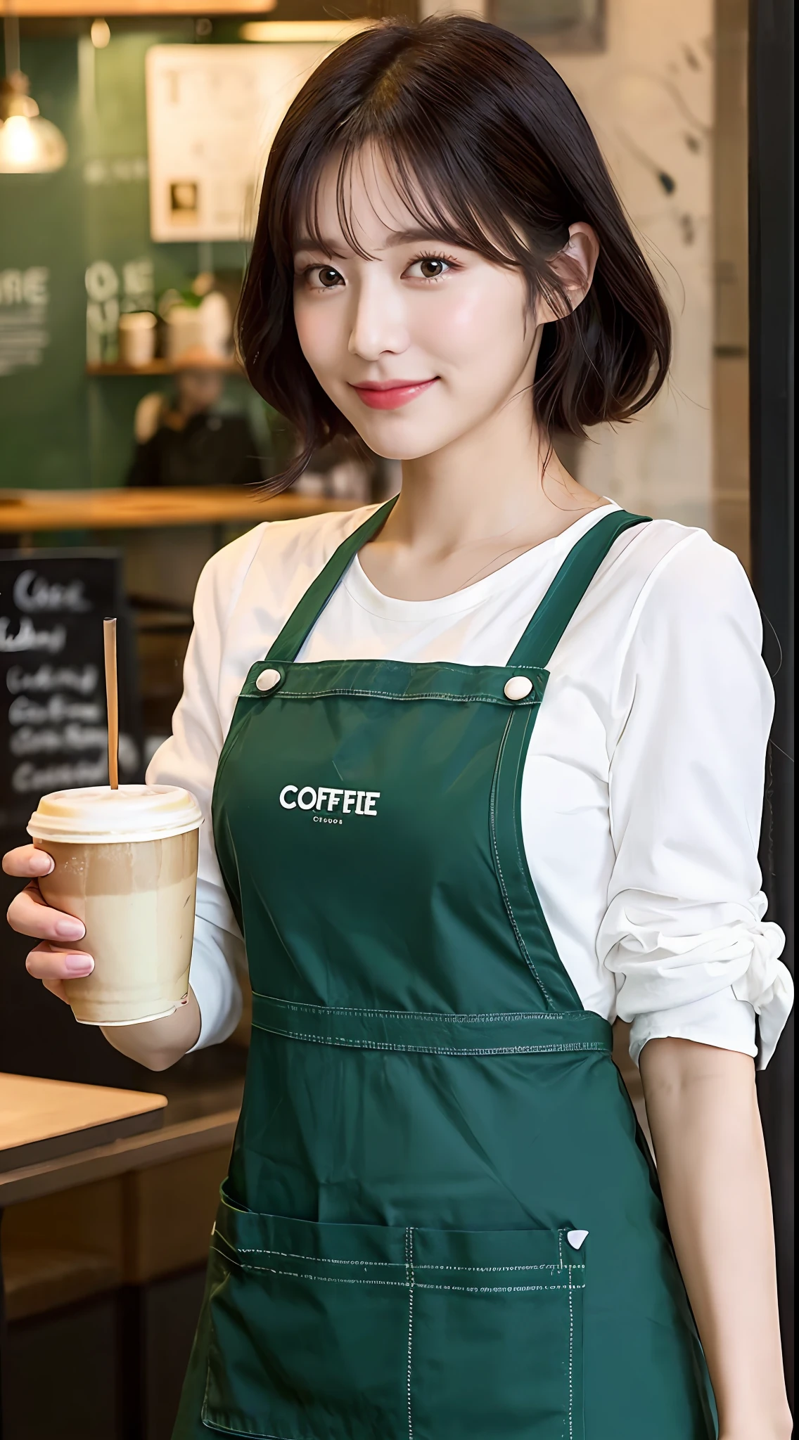 Generate a beautiful older sister with no makeup who is carrying coffee in a café in the afternoon with the highest quality and resolution. She wears a white shirt and green apron, and her beautiful black hair is tied into one for a clean look.