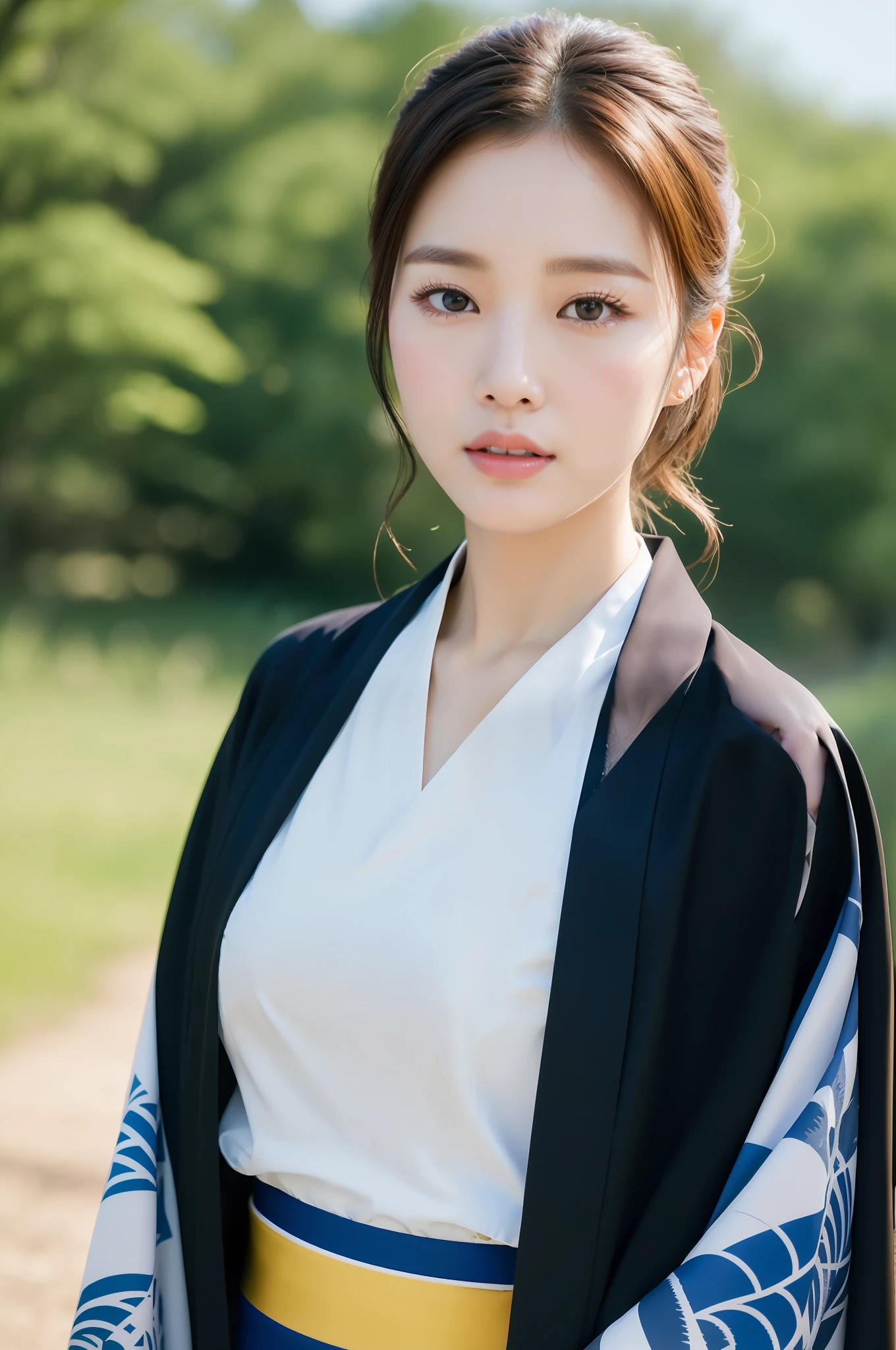 ((Best Quality, 8K, Masterpiece: 1.3)), Sharp Focus: 1.2, (Super Beautiful Face: 1.0), (Glossy Skin: 1.0), Realistic Photos, Black Hair, Realistic Pupils, Movie Lighting, Highly Detailed Eyes and Faces, Movie Lighting, (Cowboy Shot: 1.0), (Kimono, Hakama, Obi: 1.15), In Nature, (Korean Cute Actress)