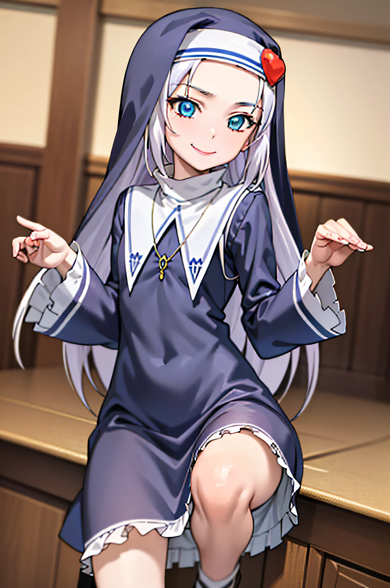 (best quality:1.1), (masterpiece:1.4), (absurdres:1.0), portrait, close-up, 1girl, takayama maria, silver hair, flat chest, blue eyes, long hair, nun, looking at viewer, smile,