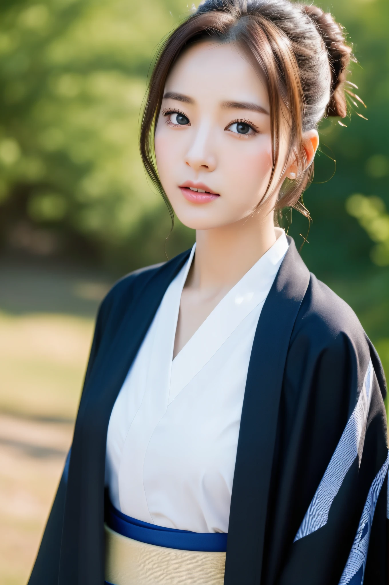 ((Best Quality, 8K, Masterpiece: 1.3)), Sharp Focus: 1.2, (Super Beautiful Face: 1.0), (Glossy Skin: 1.0), Realistic Photos, Black Hair, Realistic Pupils, Movie Lighting, Highly Detailed Eyes and Faces, Movie Lighting, (Cowboy Shot: 1.0), (Kimono, Hakama, Obi: 1.15), In Nature, (Korean Cute Actress)