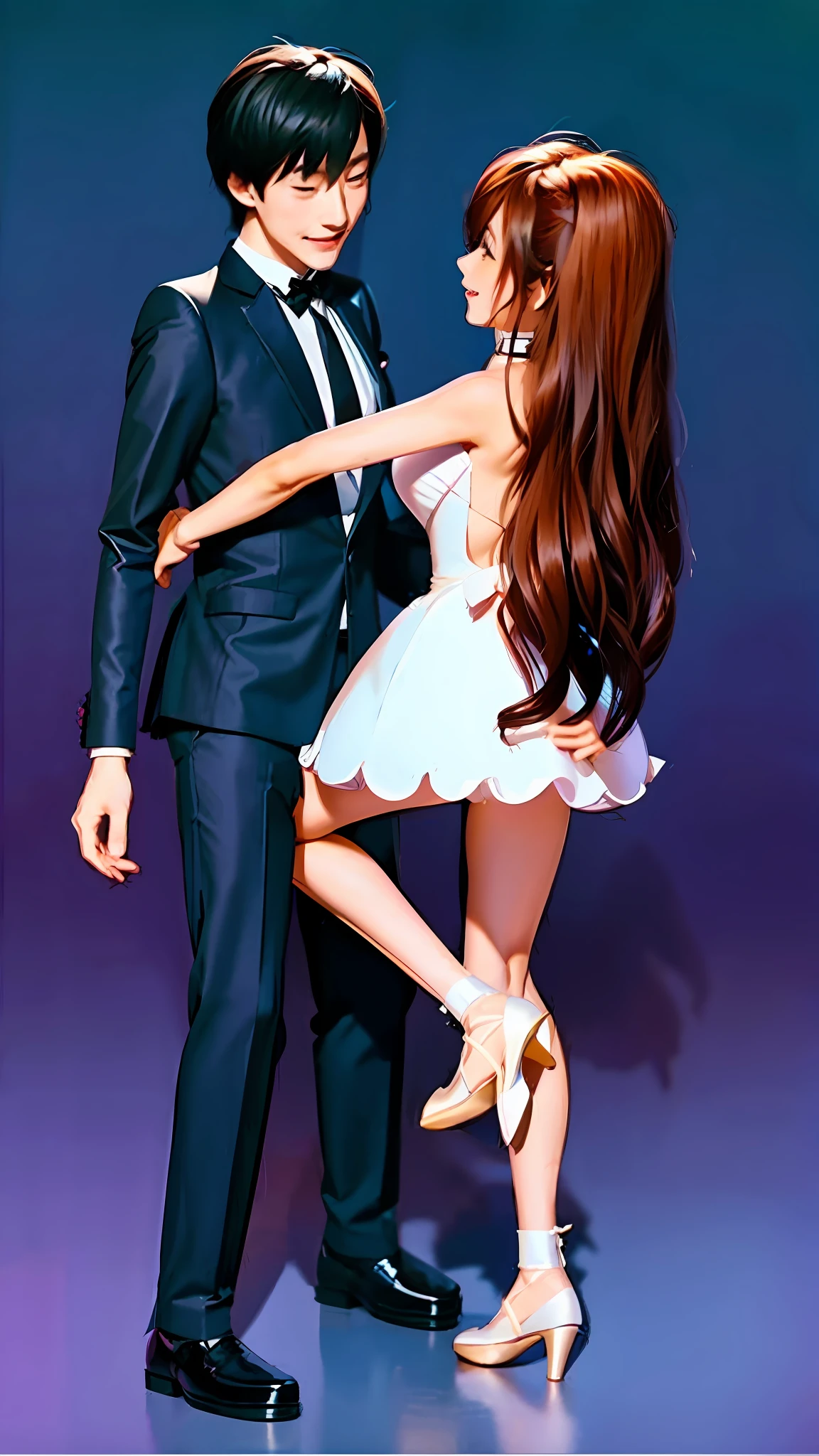 cartoon of a man and woman in formal attire standing next to each other, couple pose, dancing with each other, dancing in the background, doing an elegant pose over you, couple dancing, elegant pose, doing an elegant pose, mikudayo, cute elegant pose, stylish pose, yandere. tall, standing elegant pose, anime pose, anime styled 3d
