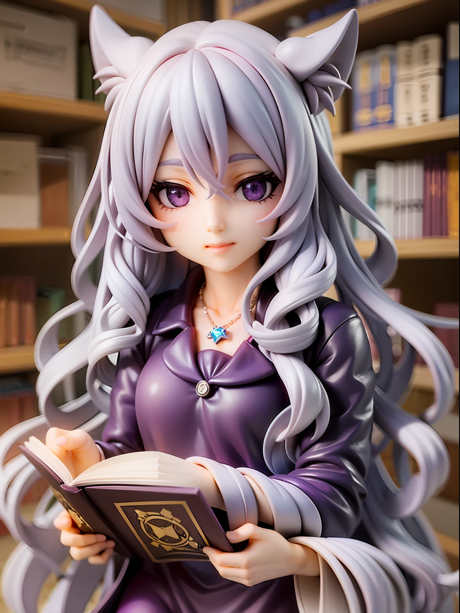 silver hair, long hair, wavy hair, purple theme, droopy eyes, cute face, wizard girl, reading magic book, star-shaped necklace, black and purple robe, old library background, candlelight,